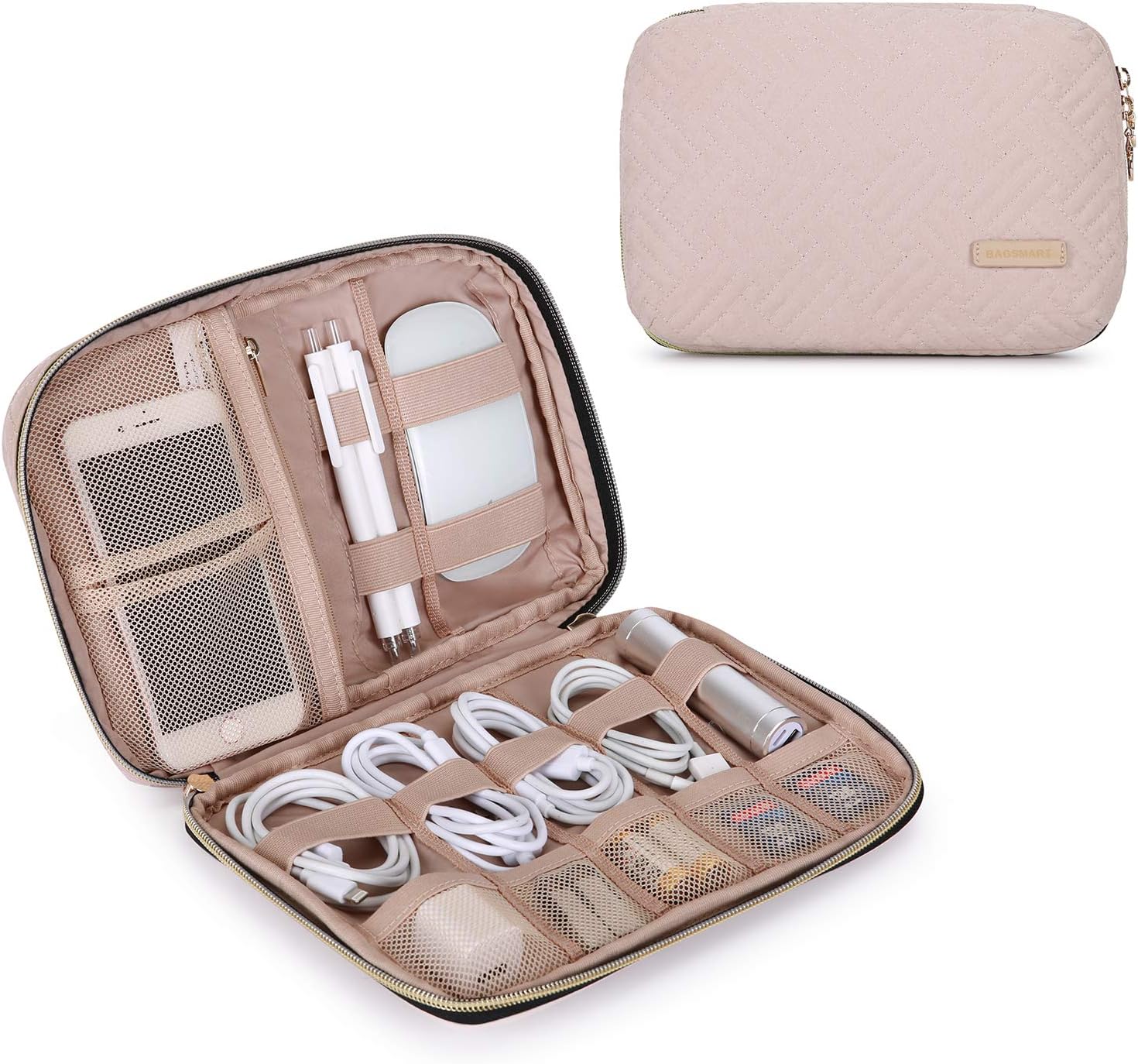 BAGSMART Small Travel Electronics Cable Organizer Bag for Hard Drives, Cables, USB Cable, SD Card (Pink)
