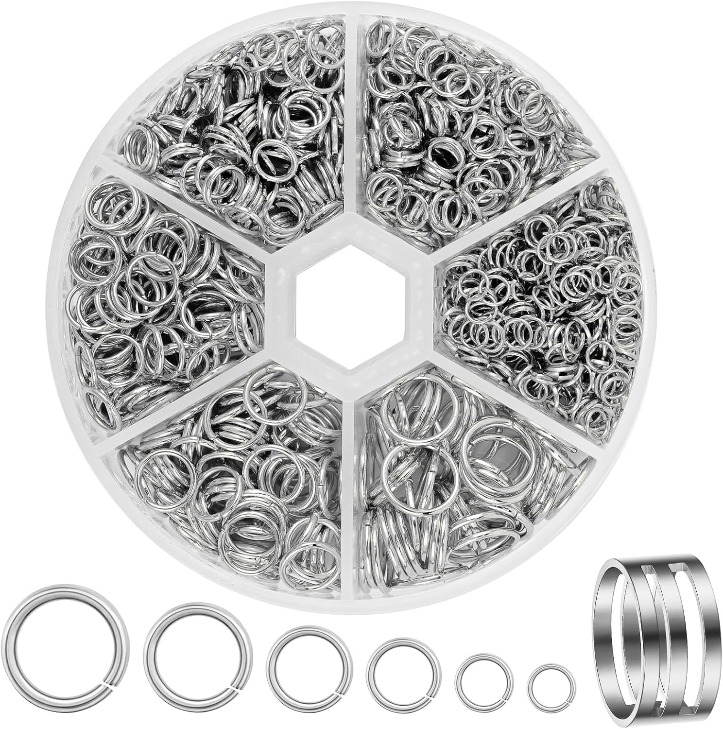 JOLCEEY 1550pcs Jump Rings Kit, Silver Open Jump Rings Connector Rings with Opener Tool for Jewelry Making Bracelet Earring Necklace Charms Repair (4mm 5mm 6mm 7mm 8mm 10mm)