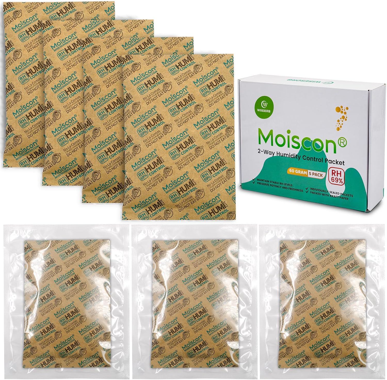 60 Gram 5 Pack 69% Two-Way Humidity Control Packs, Size 60 for Plastic Travel Case & Zip Lock Bags & Wood Containers, 69 Humidity Pack Humidifier Moisture Control Packets Individually Wrapped