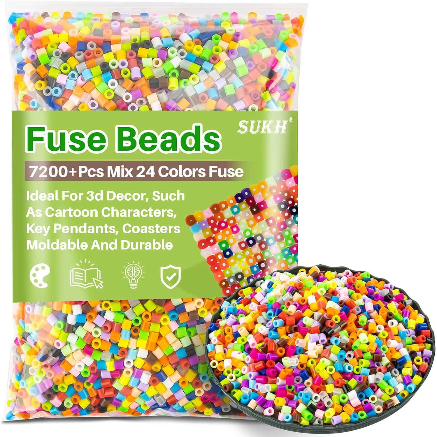 Sukh 7200+Pcs Fuse Beads Bulk - 5mm Melting Beads for Crafts, 24 Colors
