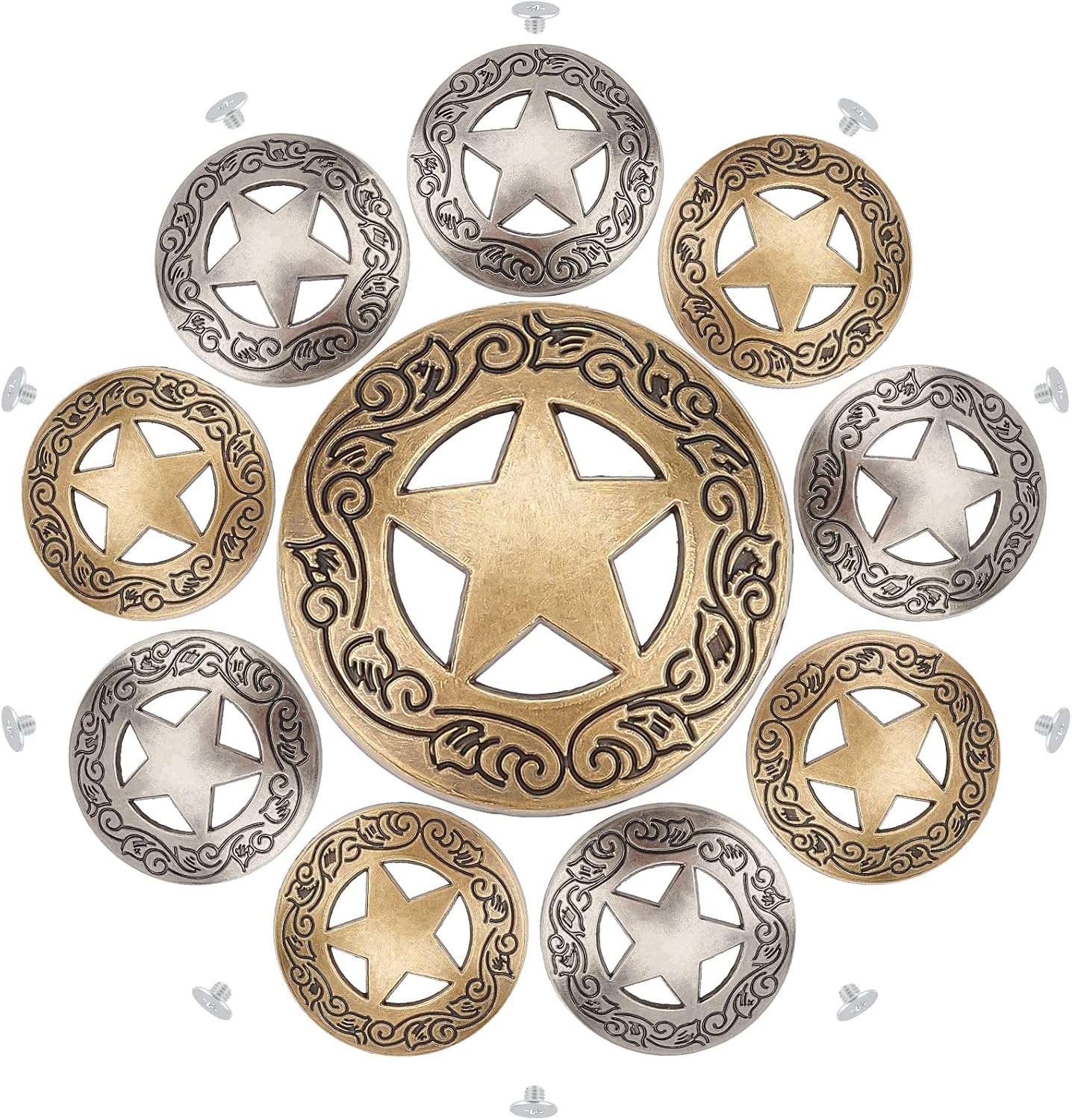 GORGECRAFT 1 Box 10 Sets Screw Back Button Engraved Star Concho Hollow Out Decorative Buttons Round Vintage Bronze and Silver Metal Tack Buckle Replacement Castings Western Rodeo DIY Leather Craft