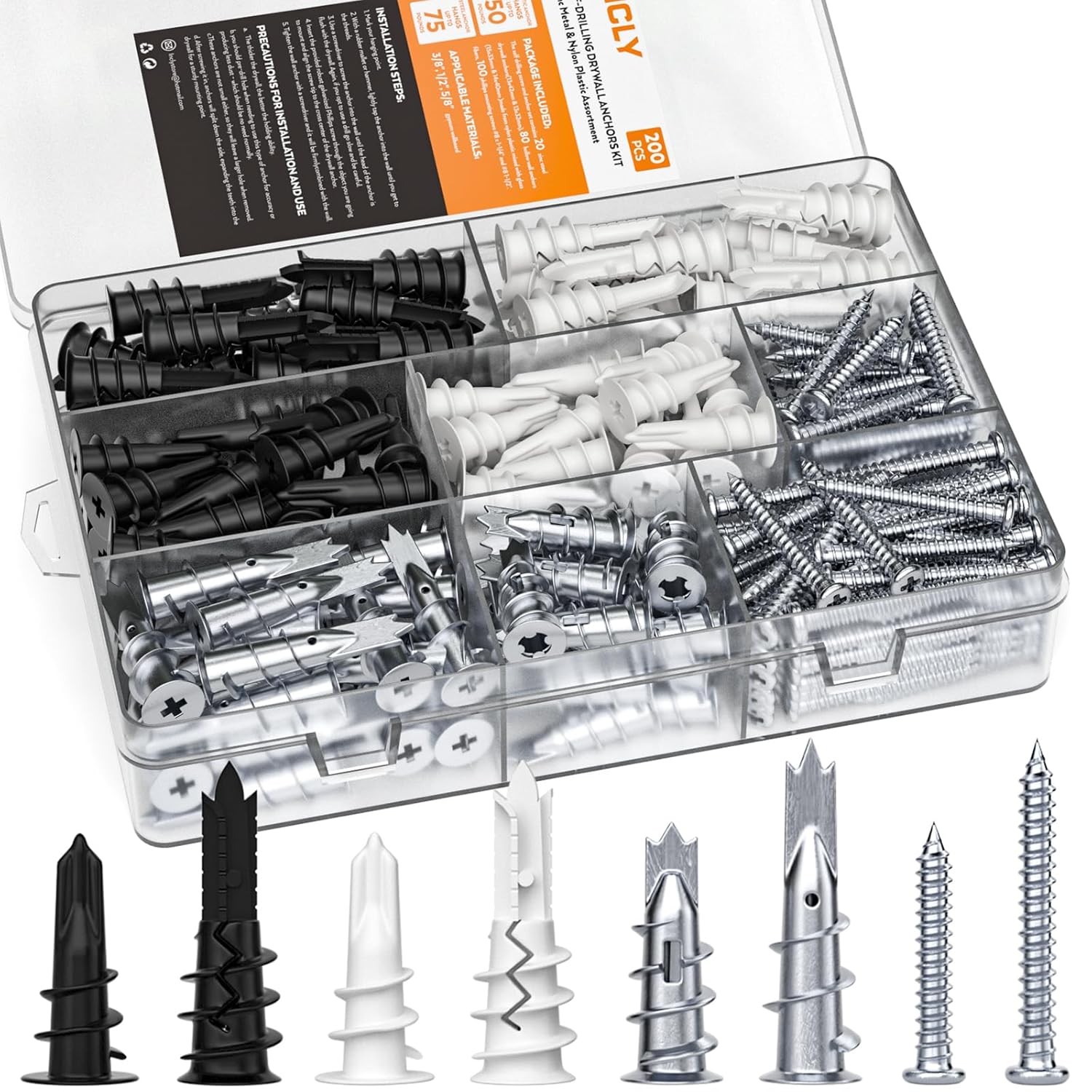 INCLY 200 PCS Plasterboard Fixings with Screws & Metal Raw Plugs, Heavy Duty Plaster board Wall Fixing Drywall Anchors with Screws for Cavity Hollow Wall Hanging Stuff with Assorted Case