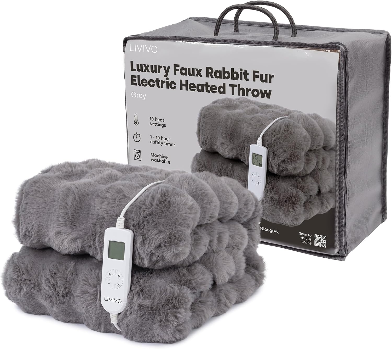 LIVIVO Faux Rabbit Fur Heated Throw - Electric Blanket in Grey, 160x130cm, 10 Heat Settings with Auto Shut Off, Overheat Protection, Soft & Cosy Plush, Machine Washable Winter Blanket