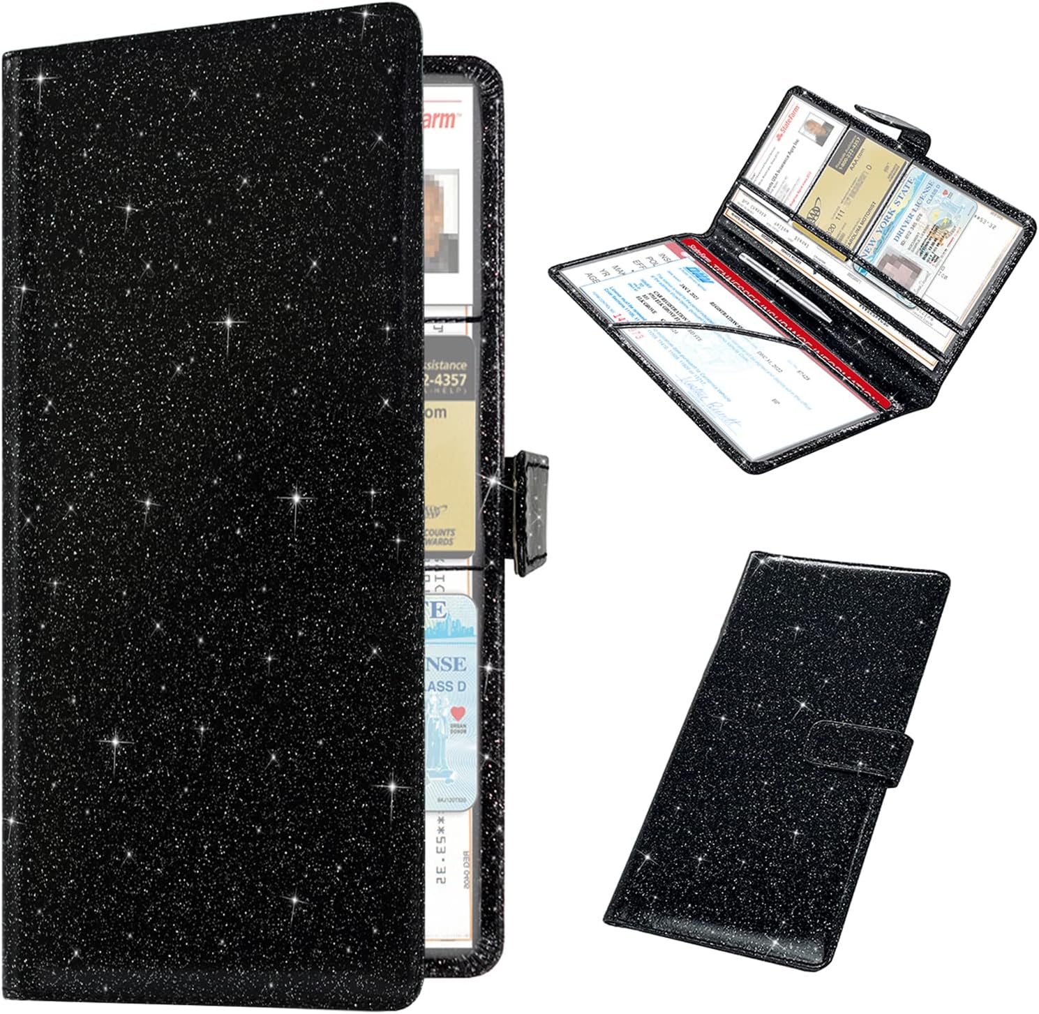 RSAquar Car Registration and Insurance Holder, Vehicle Glove Box Organizer Cool Car Accessories, Auto Truck Document Holder for Cards, Driver License, Black Glitter