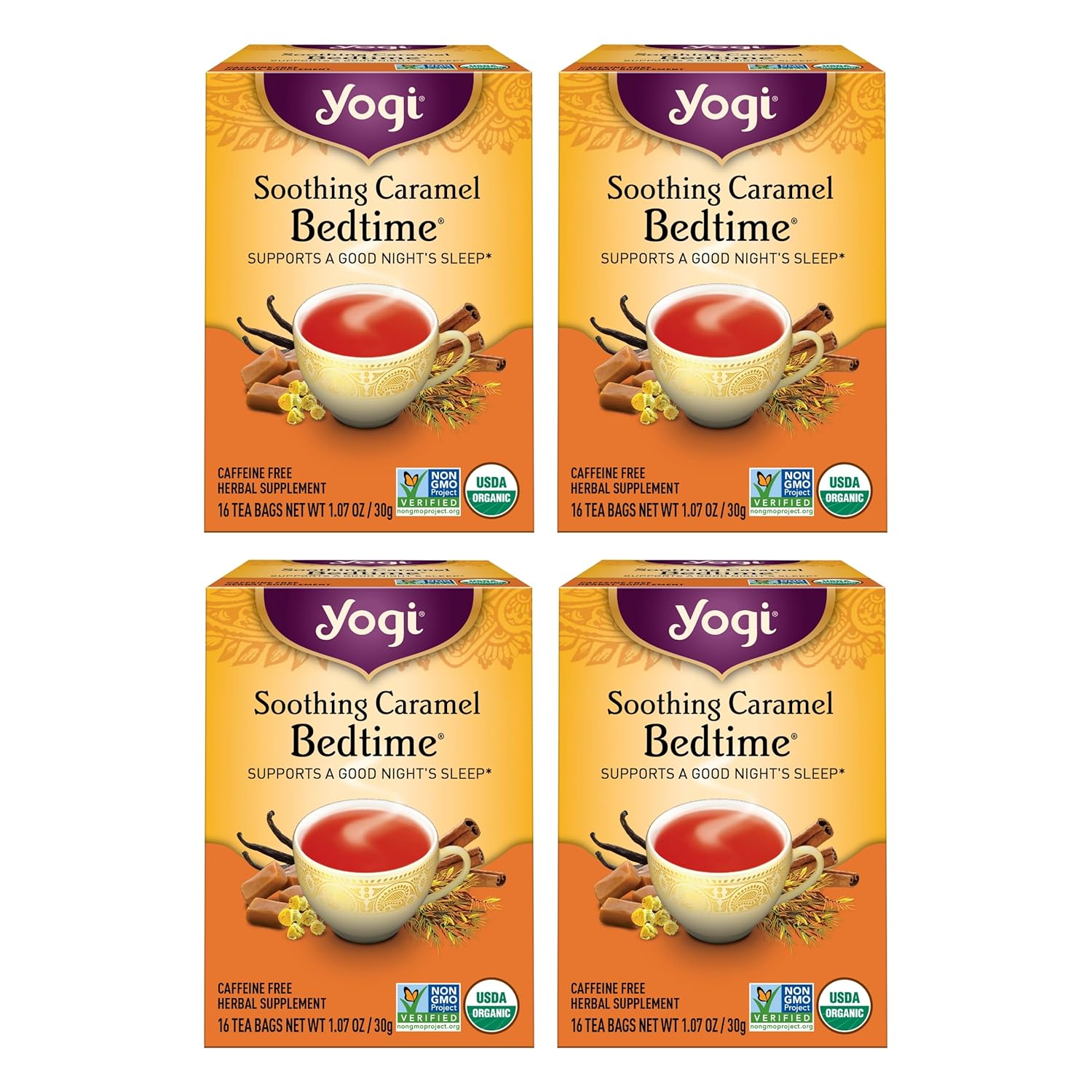 Yogi Tea Soothing Caramel Bedtime Tea - 16 Tea Bags per Pack (4 Packs) - Calming Sleep Tea - Supports Good Sleep - Includes Chamomile Flower, Rooibos Leaf, Roasted Chicory Root & More