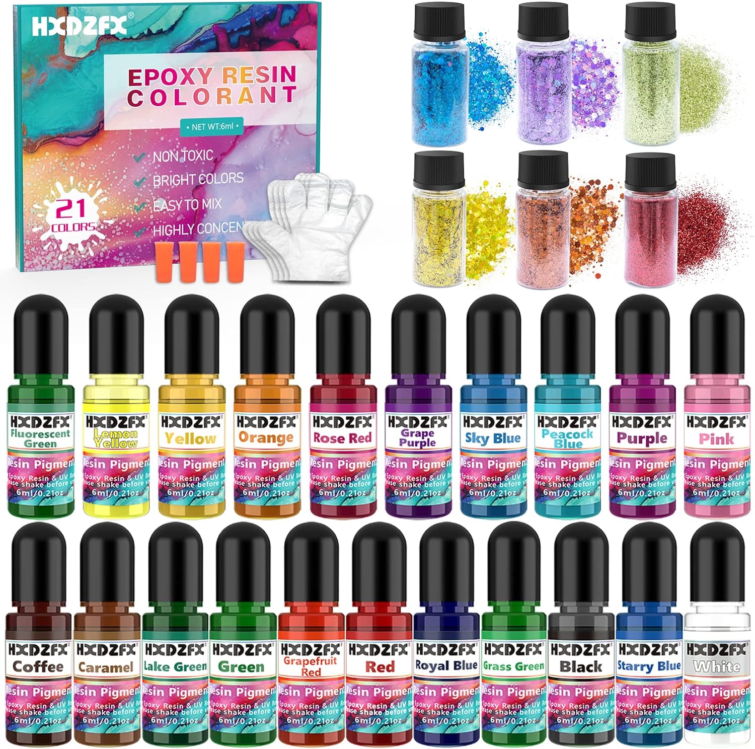 Epoxy Resin Pigment - 21 Colors Liquid Clear Epoxy Resin Colorant, 6 Colors Resin Glitter, Highly Concentrated Epoxy Resin Dye for DIY Jewelry Making, Resin Crafts(6ml Each)