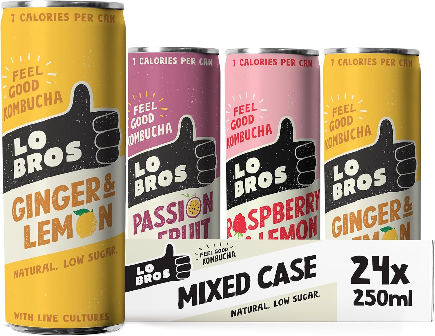 Lo Bros Kombucha - Mixed Pack with 3 Flavours - Sparkling Refreshing Soft Drink with Natural Ingredients and Live Cultures, Supports Gut Health, Low Sugar, Vegan, Gluten Free- 24 x 250ml