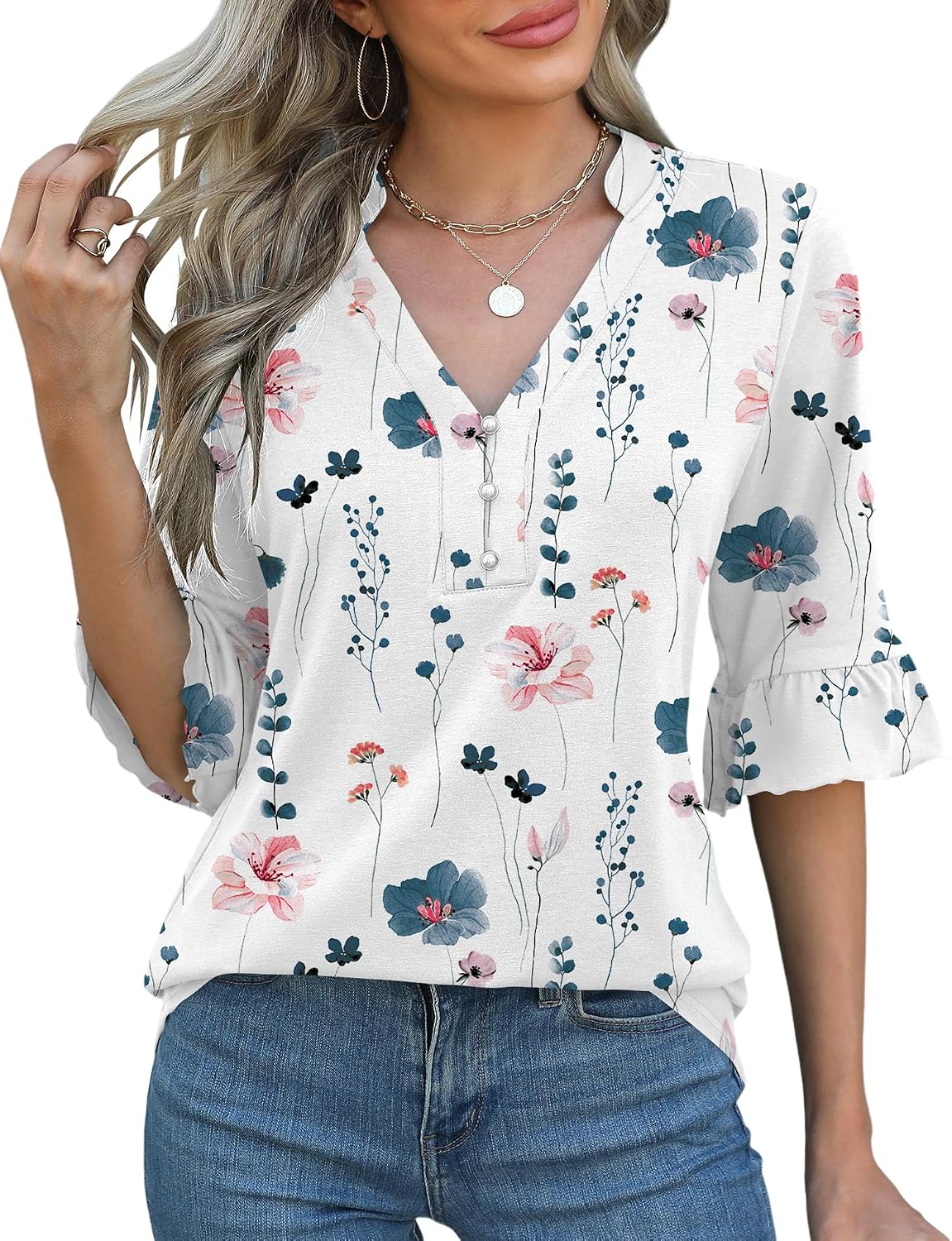 Rapbin Womens 3/4 Length Sleeve Blouses Ruffle Cuffs V Neck Button Down Shirts Dressy Flowy Tunic Tops