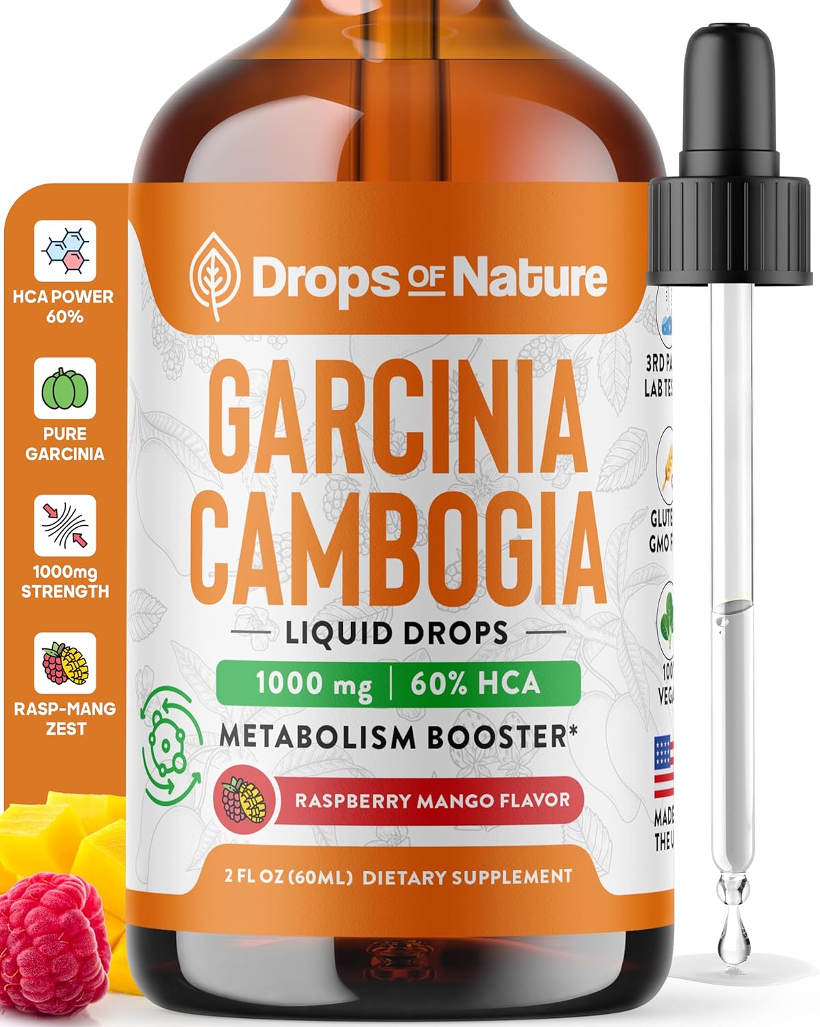 Garcinia Cambogia - Appetite Suppressant for Weight Loss - Stronger Than Pills & Capsules (60% HCA) 4X Ultra Concentrated Liquid Supplement - Carb Blocker - 2 fl. oz. Natural Raspberry Mango