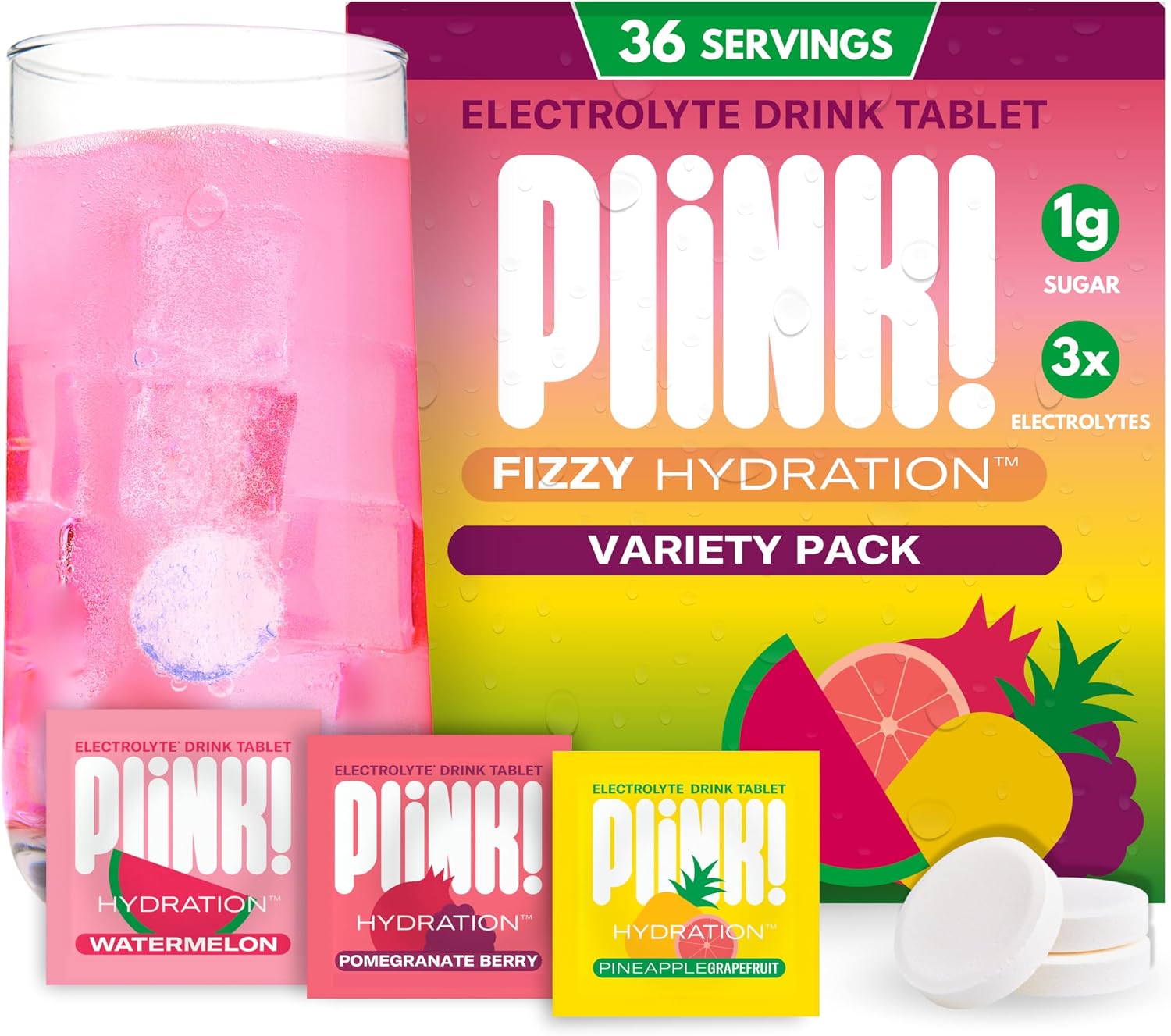Plink Fruity Variety Pack Fizzy Electrolyte Hydration Tablets for Water – Fizzy Daily Hydration Tabs for Rehydration & Dehydration Support - Pack of 36