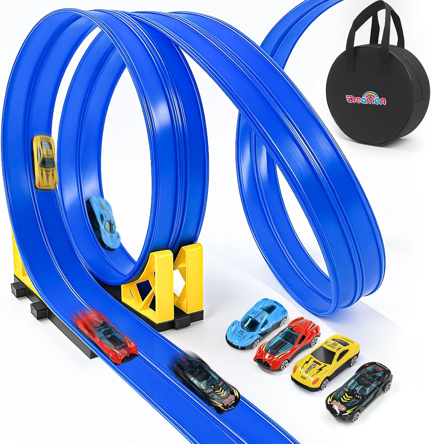 Dreamon Car Track 5M - Speed Race Track for Toy Cars with 4 Diecast Cars, 2 Ramp, 1 Storage Bag, Birthday Gifts for 3 4 5 6 7 8 Year Boys Girls