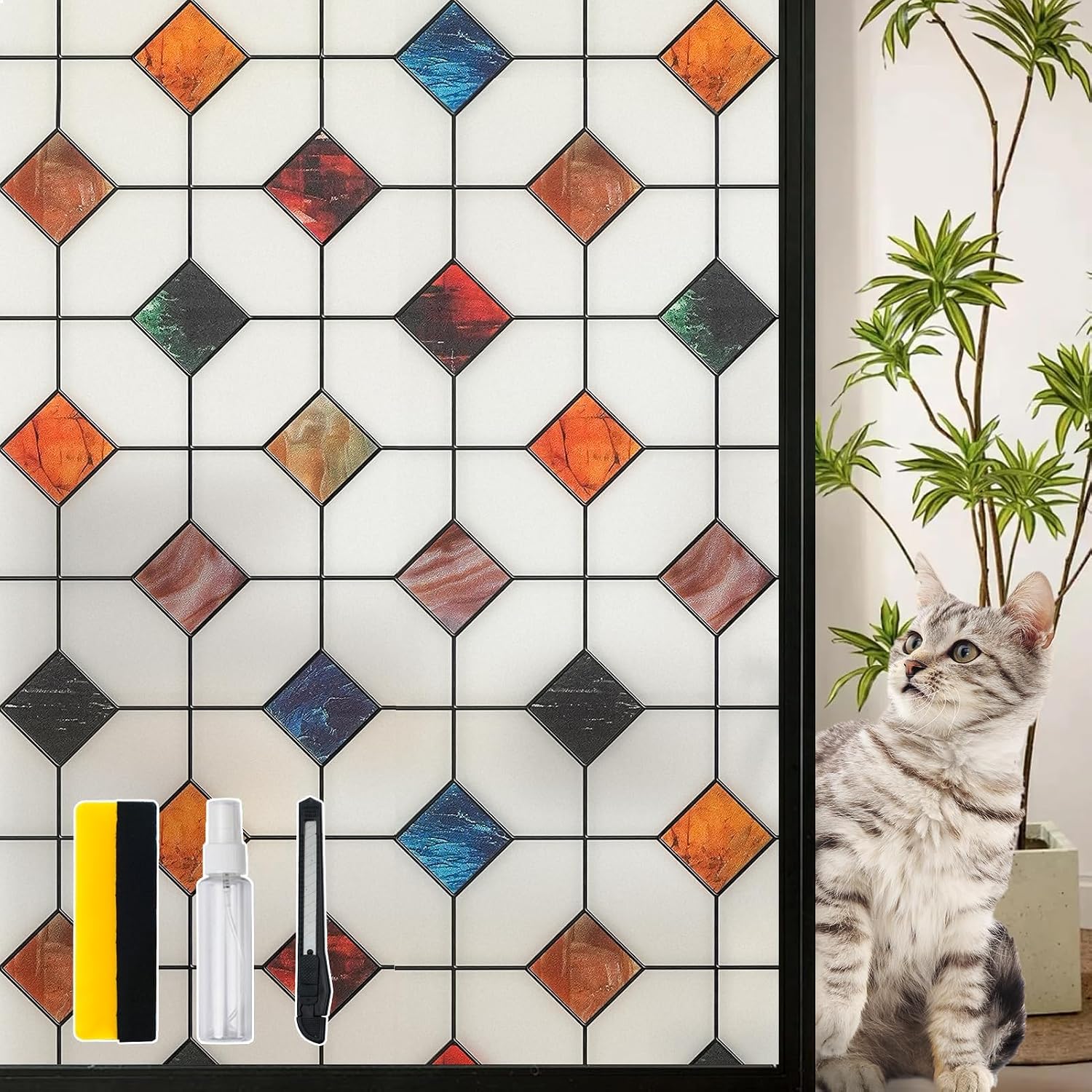 DKTIE Stained Glass Window Film Geometric Patterns 17.7in X 78.7in