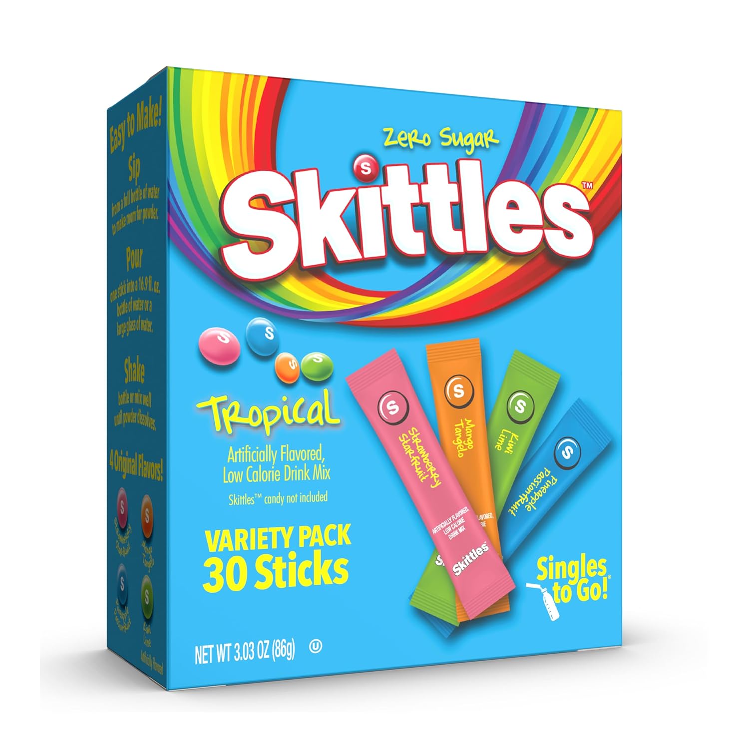 SINGLES TO GO! Skittles Singles To Go Tropical Flavors Variety Pack, Powdered Drink Mix, Strawberry Starfruit, Mango Tangelo, Kiwi Lime, Pineapple Passionfruit, 1 Box (30 Single Servings)