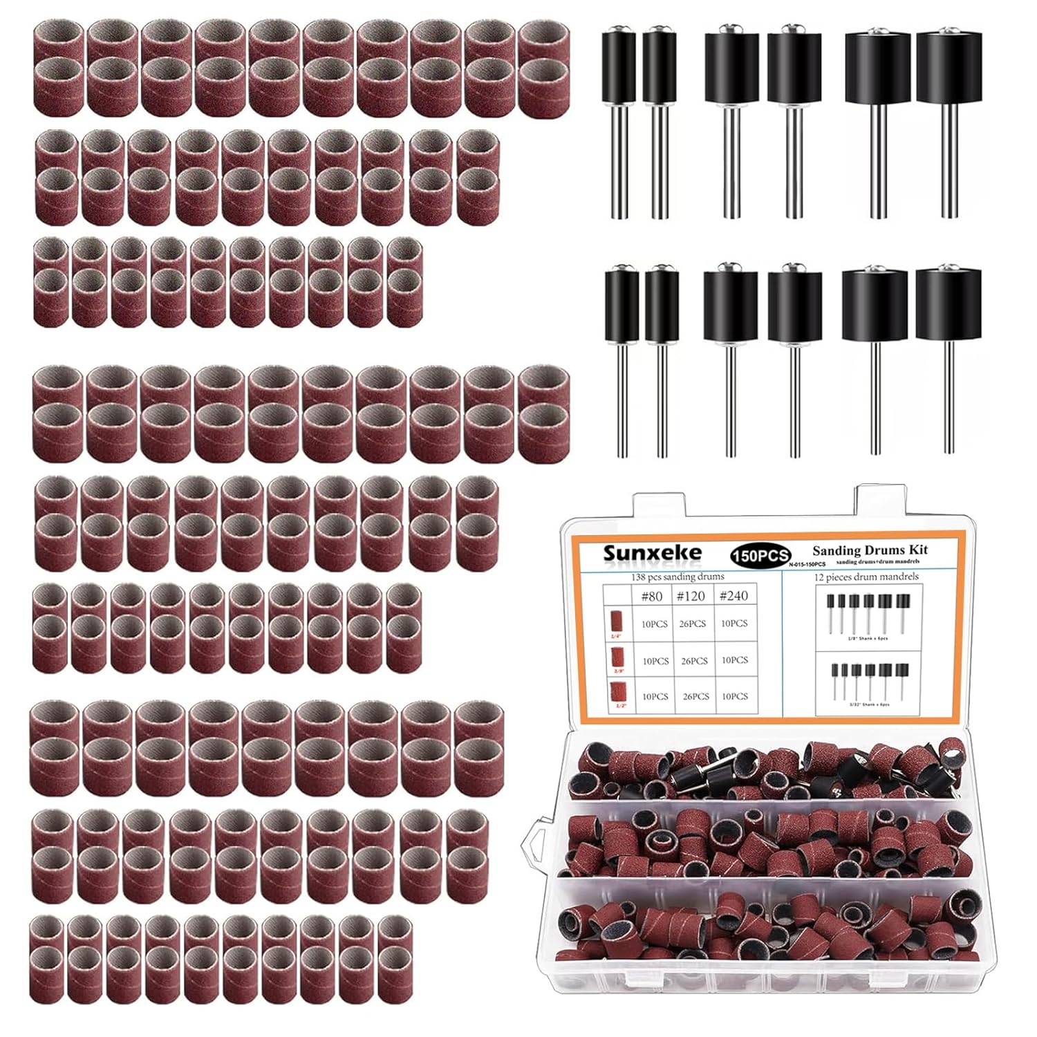 Sanding Drum Set for Most Rotary Tools-Includes 138 Aluminum Oxide Sanding Sleeves for Drum Sanders (80,120,240 Grit) and 12 Drum Mandrels-Sanding Bits Tool Accessories with Box