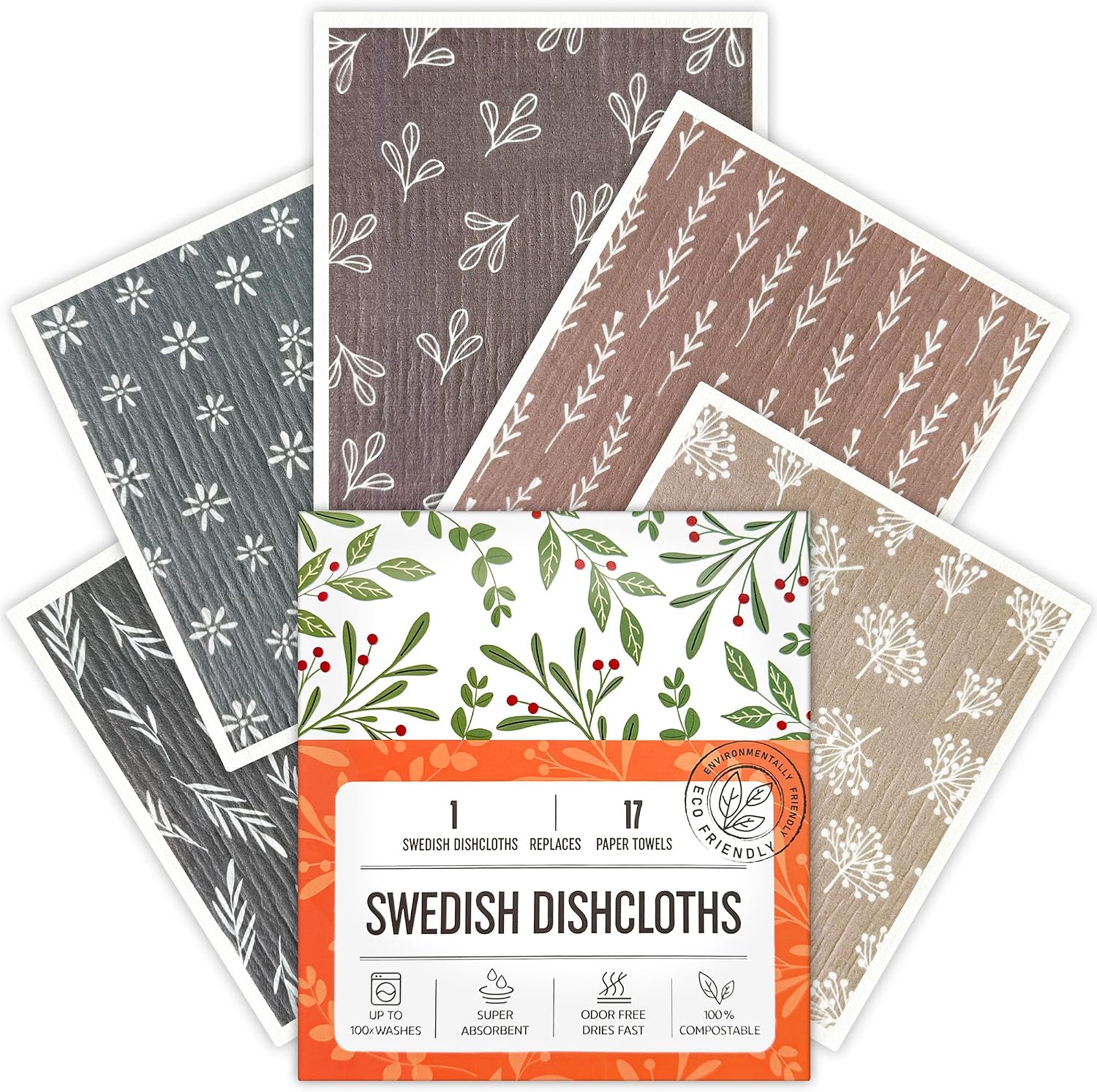 Swedish Dishcloths for Kitchen, 5 Pack Reusable Paper Towels Washable, Super Absorbent Swedish Dish Cloths, Non-Scratch, Biodegradable