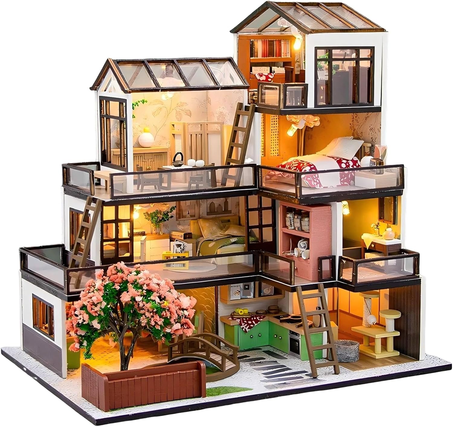 OZJAY DIY Miniature House Kit, Tiny House Kit with Dust Proof Cover & Tools, DIY Wooden Dollhouse Miniature Kit for Adults Teen, Wooden Crafts Lovely Dollhouse Kit