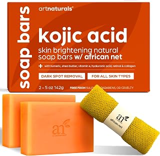 Artnaturals Kojic Acid Soap + African Net Sponge (2 pack X 142g Turmeric bars) Dark spot remover & Scars - Original Japanese Complex Vitamin C, Hyaluronic Acid, retinol, shea butter (Citrus)