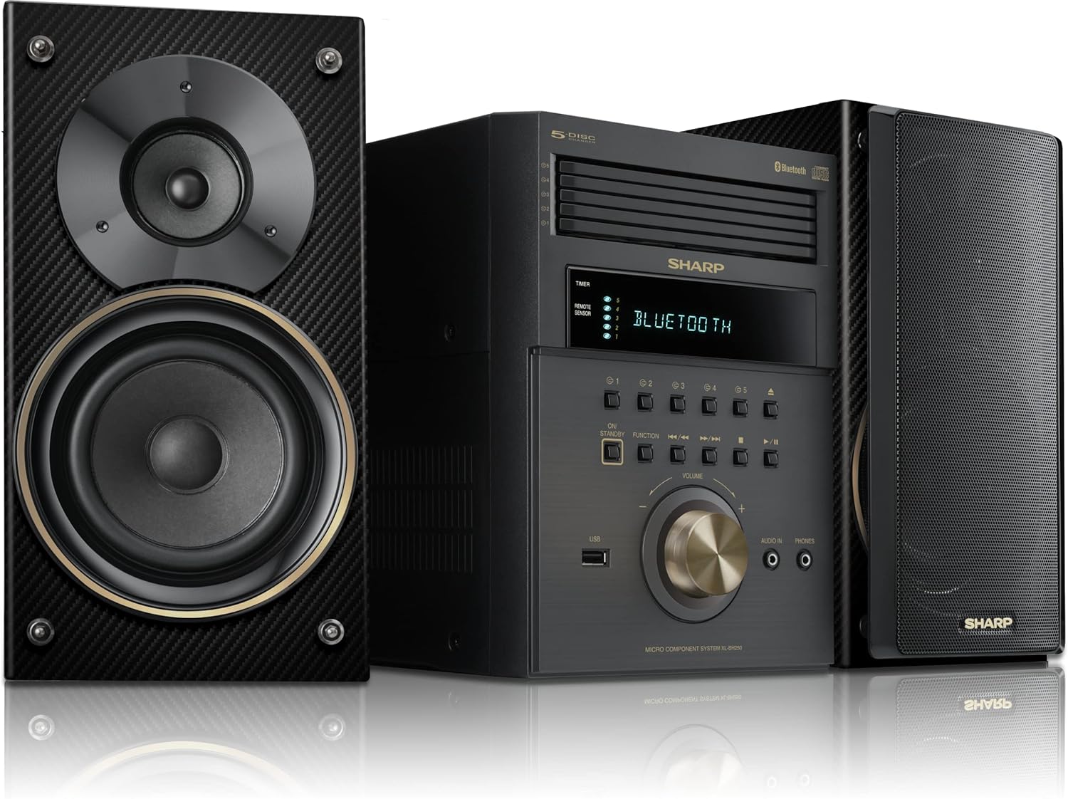 Sharp XL-BH250 Limited Edition 5-Disc Bluetooth Speaker System with USB, AM/FM, and Champagne Gold/Carbon Fiber Finish