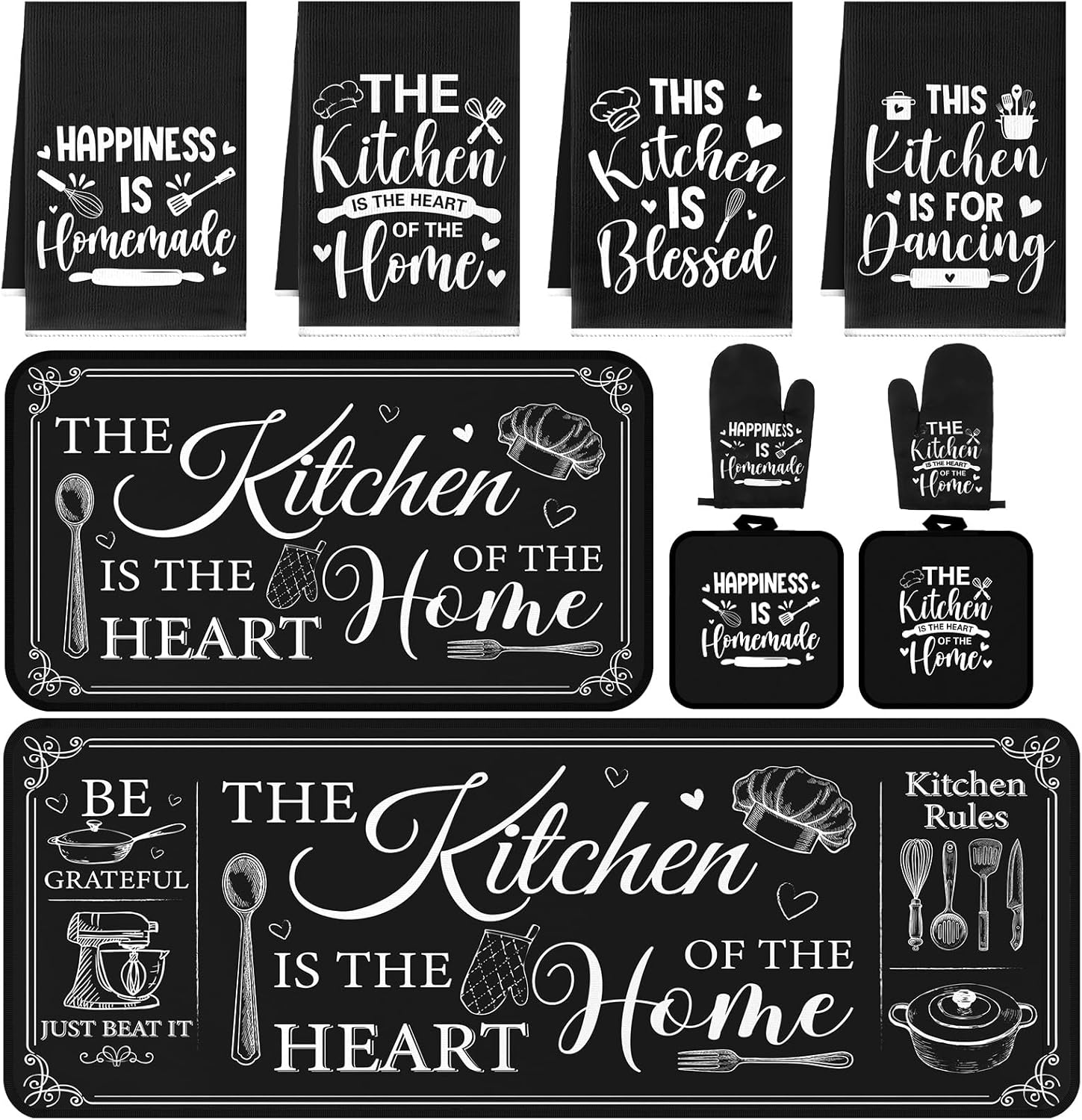 10 Pcs Farmhouse Kitchen Home Decor Set 4 Kitchen Dish Towels 2 Pot Holders 2 Oven Mitt Rustic Rug and Mat for Cooking Baking Daughter Mom Gift Decor (Black)