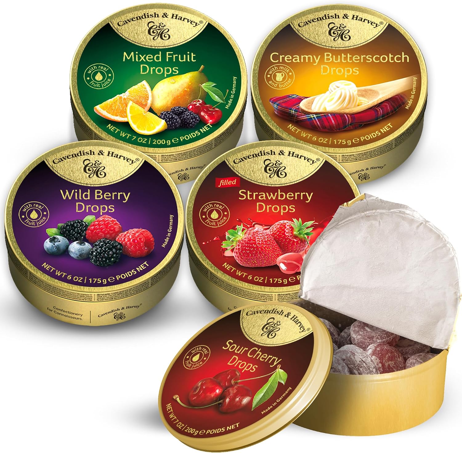 Cavendish & Harvey Premium Hard Candy Variety Pack – Mixed Fruit, Sour Cherry, Strawberry Filled, Creamy Butterscotch, and Wild Berry Flavors – 5 Pack, 175g-200g Tins