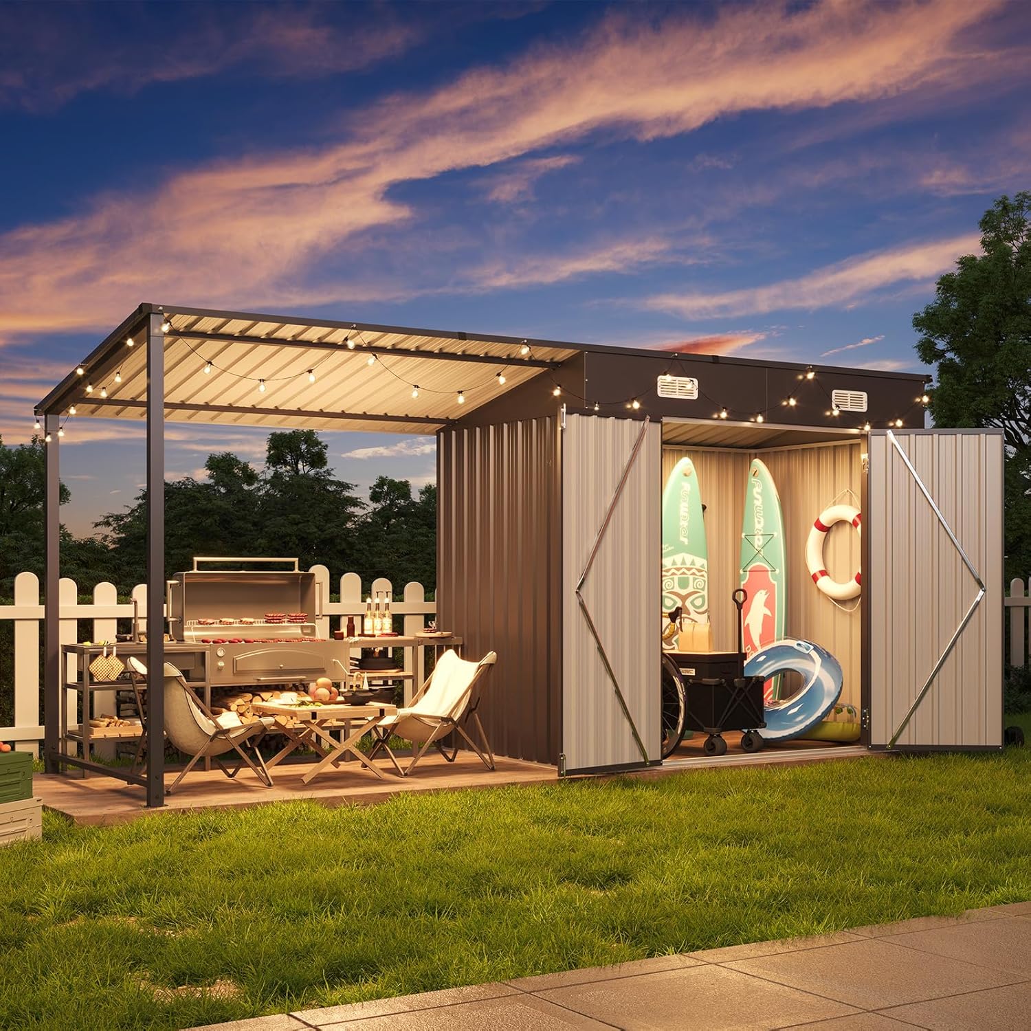 Aoxun 6x4FT Outdoor Storage Shed & Hardtop Gazebo Combo, 12x4FT Metal Lean to Shed with Open-Sided Pergola, 2-in-1 Durable Garden Tool Shed for Patio, Backyard, Deck