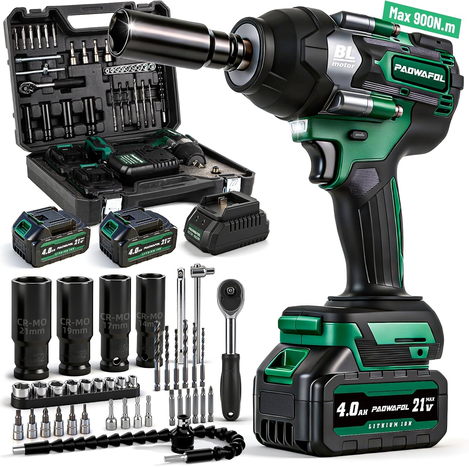 2026 Upgrade Impact Wrench 665 Ft-lbs(900N.m) 2200IPM, 1/2 Impact Gun with 21V 2x4.0AH Battery, Cordless Impact Driver 22 Drill Bits & 4 Sockets, Pistola De Impacto for Home Car Tire Lug Nut