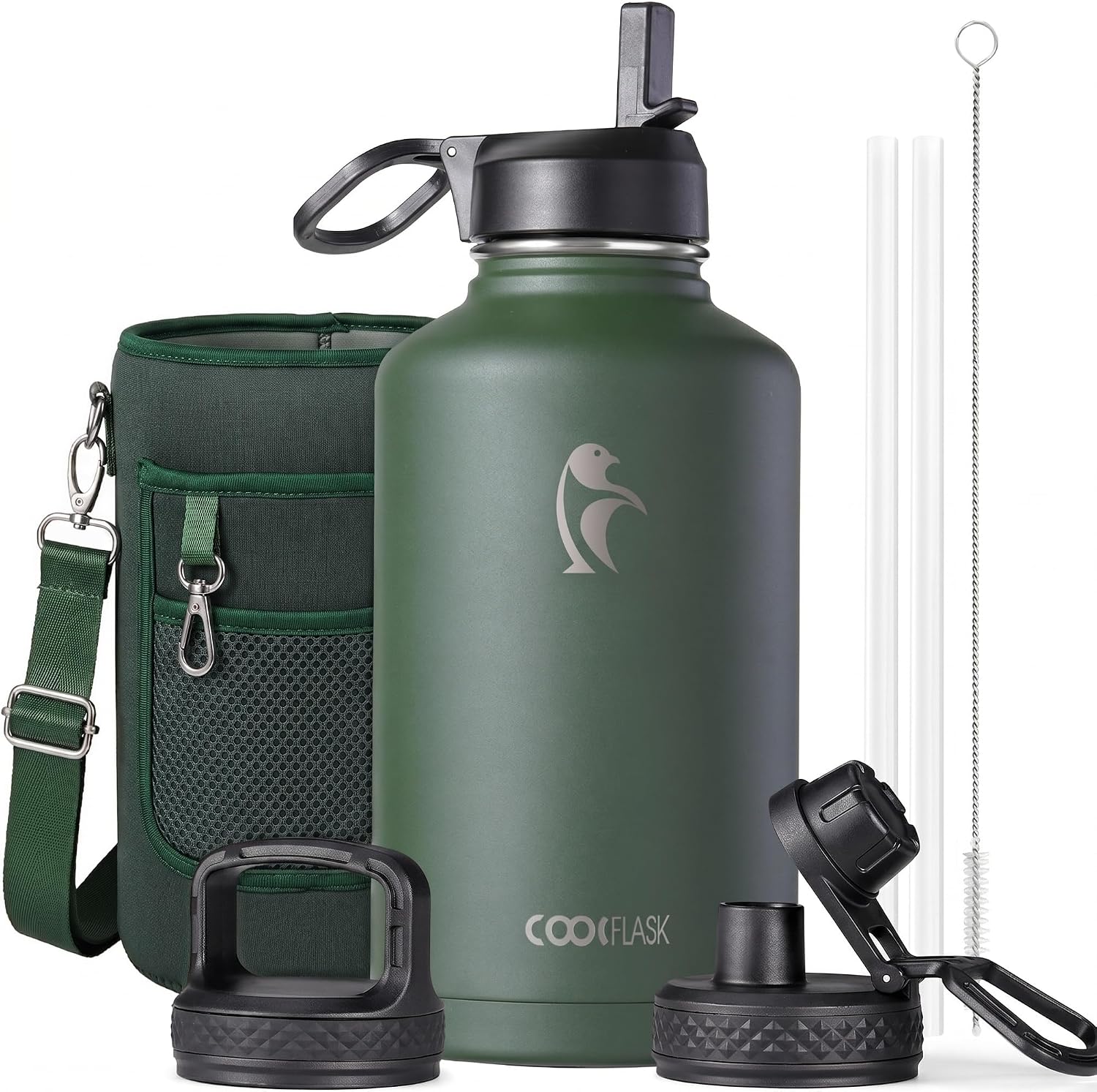 Coolflask Half Gallon Water Bottle Insulated with Straw & 3 Leakproof Lids