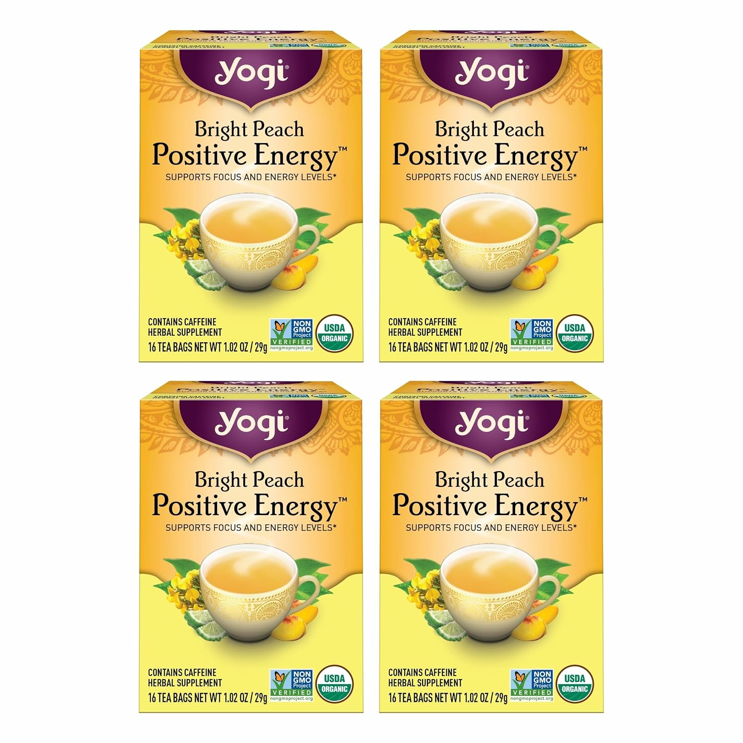 Yogi Bright Peach Positive Energy Tea, 16 Tea Bags (4 Pack)