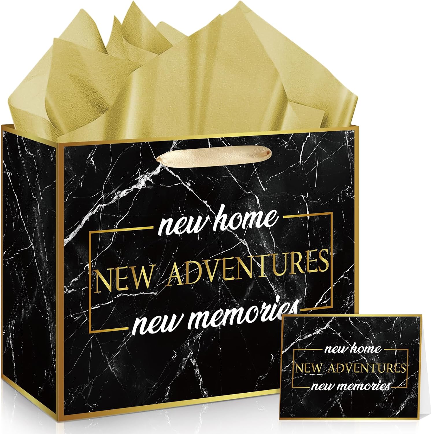 Housewarming Gifts Bag with Tissue Paper Set Large Black Gold New Home Wrapping Gift Bag and Greeting Card for Friends New House Warming Gifts Wrap Bags New Adventure Home Sweet Present for Men Women