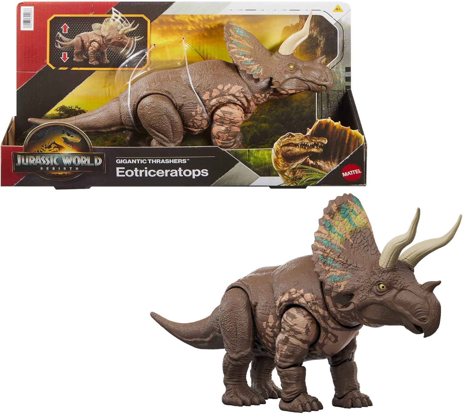 Mattel Jurassic World Rebirth Gigantic Thrashers Eotriceratops Dinosaur Figure Toy, Large Species, 2 Tail Activated Rampage Attacks, Digital Play, JGB93