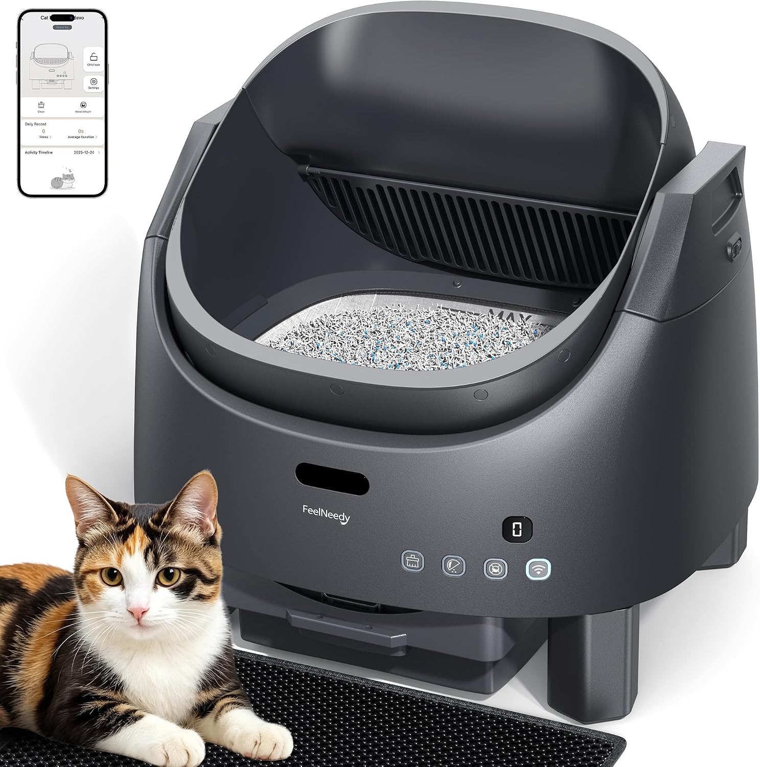 Automatic Litter Box Self Cleaning, FeelNeedy Open-Top Smart Cat Litter Box with App Control, Odor-Control Safety Sensor Design for Multiple Cats, with Waste Bags