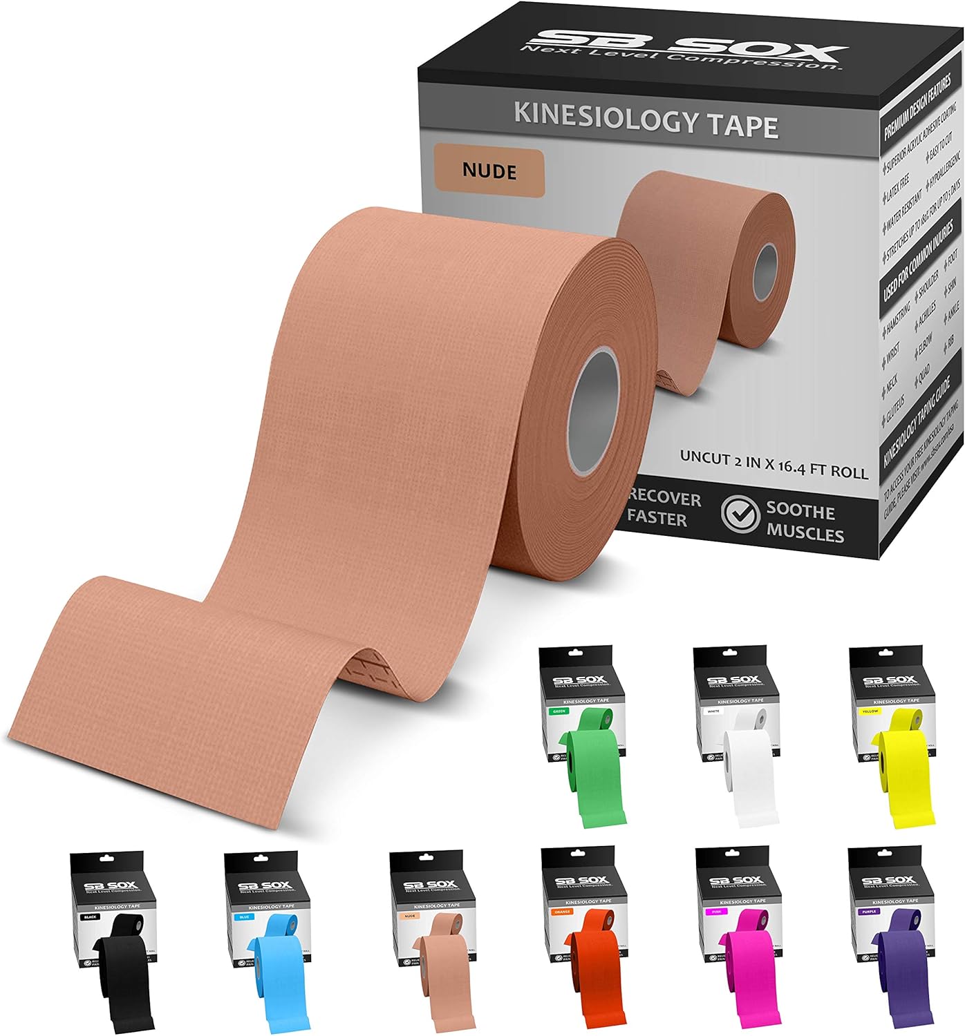 SB SOX Original Cotton Kinesiology Tape Roll – Best Latex Free Athletic Tape for Muscles/Joints – Waterproof, Stretchy, and Gentle on Skin (16ft)