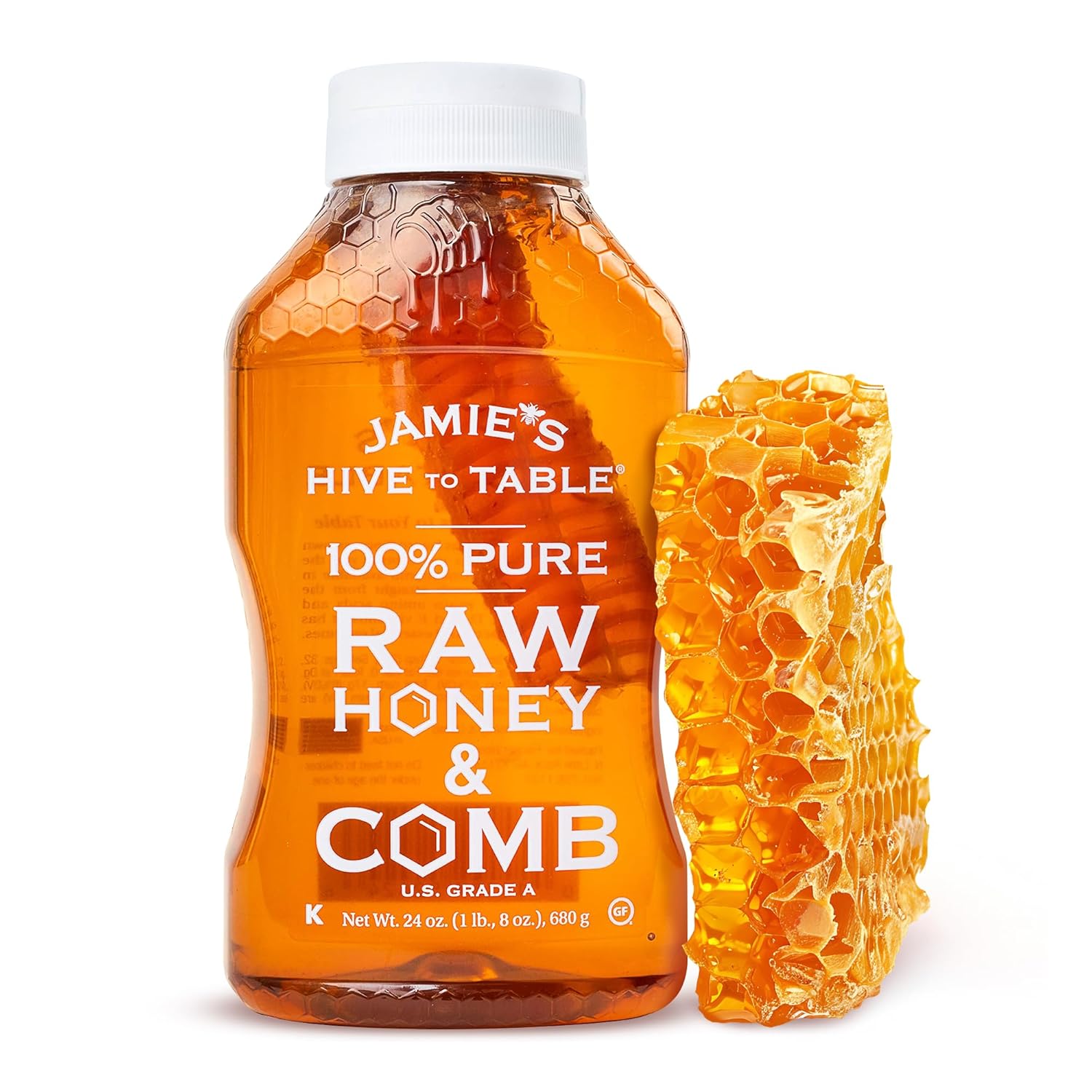 Jamie's Hive To Table 100% Pure Honey with Honeycomb, 24 Oz – USA Made Raw & Unfiltered Honey – Fresh Edible Honeycomb – All-Natural Sweetener – Rich Flavor Profile, Packed with Nutrients