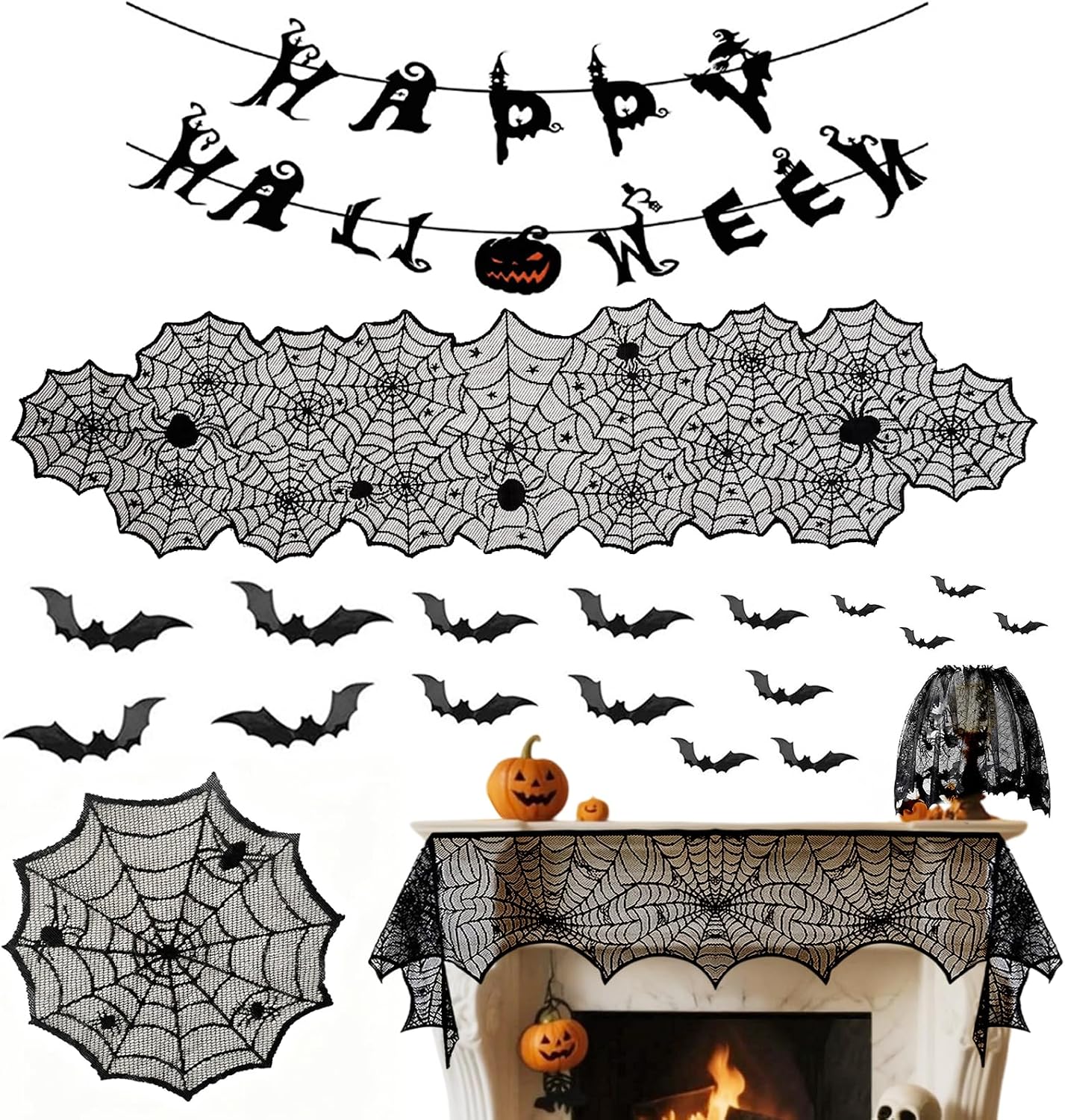 36 Pack Halloween Decorations Set,Black Lace Spiderweb Tablecloth & Table Runner, Fireplace Mantel Scarf, Spider Lampshade Covers with 16PCS 3D Bats for halloween decorations indoor