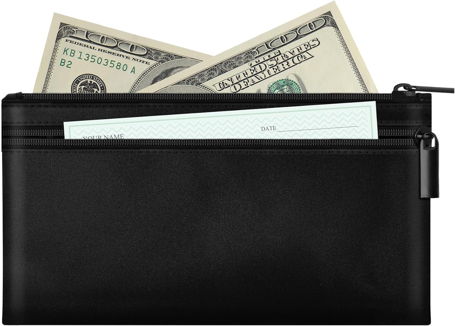 HAUTOCO Money Bag with Zipper 11x6.1 inch Money Pouch with Lined PU Leather Bank Bag Two Pockets Utility Wallet for Cash Check Receipt Coins Cosmetics