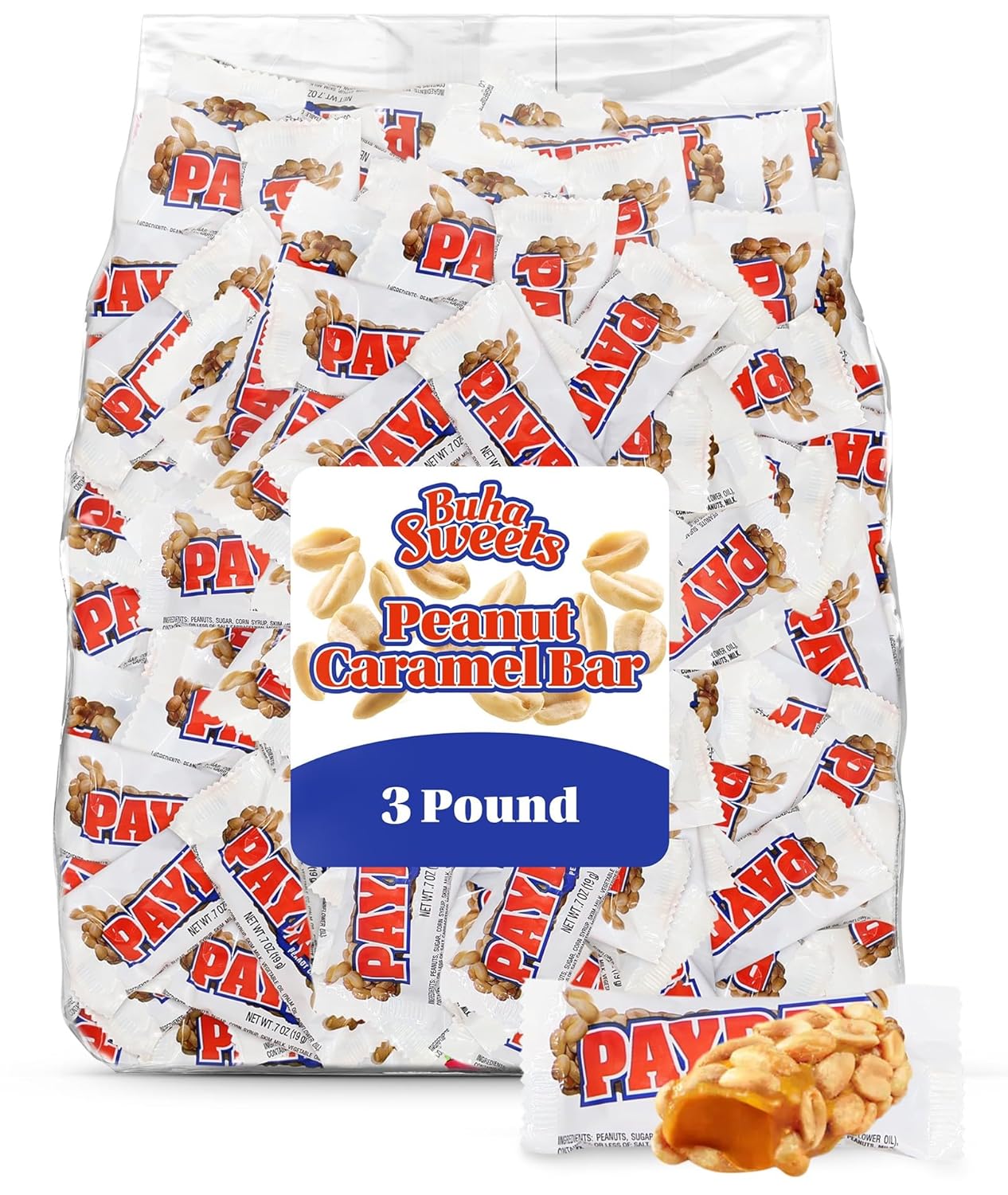 Bulk Peanut and Caramel Snack Size Candy Bars 3 Pound - 66 Bars Individually Wrapped Chewy Nutty Treats for Parties, Office Snacks, and Candy Buffets
