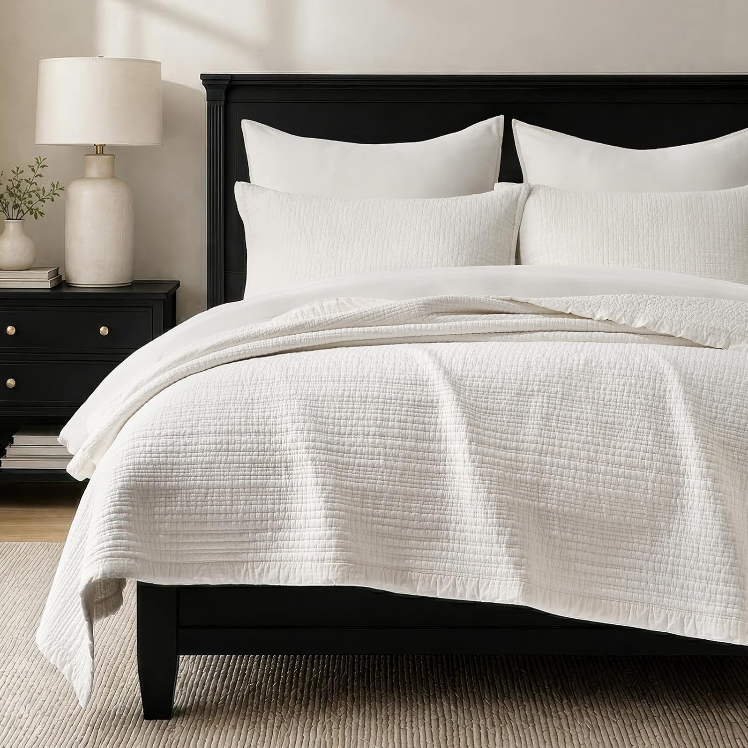 EverGrace Stonewashed Textured Cotton Quilt Set, King Size, Ivory White