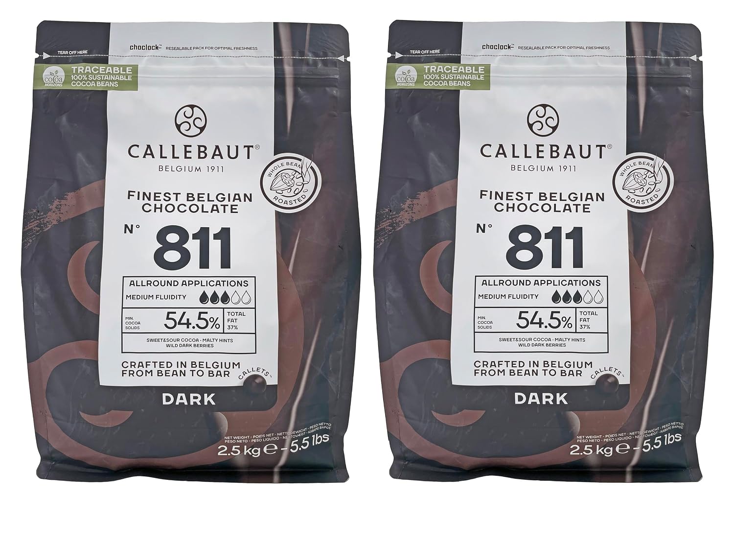 Belgian Chocolate Callets | 2 Pack of 5.51 Bags (2.5KG) (Dark Chocolate 811)