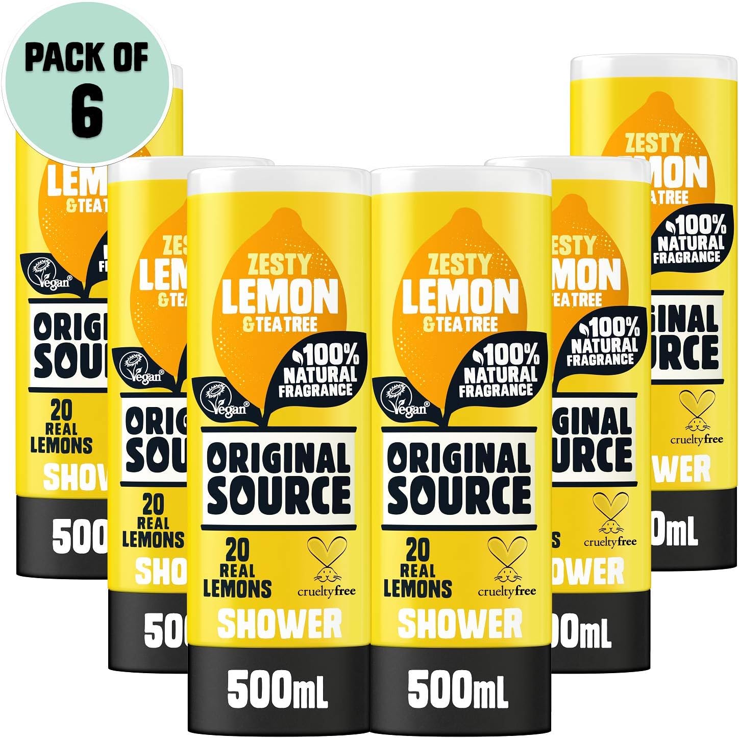 Original Source Lemon & Tea Tree Shower Gel, 100 Percent Natural Fragrance, Vegan, Cruelty Free, Paraben Free, Bulk Buy, Pack of 6 x 500 ml