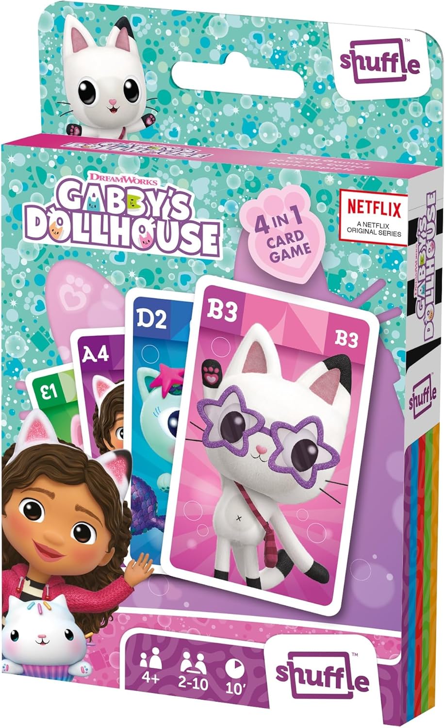 Shuffle Gabby's Dollhouse Age 4+ 4 in 1 Card Games for Kids - Snap, Pairs, Happy Families & Action Game, Game Guide Included, Ages 4+ Multicolour