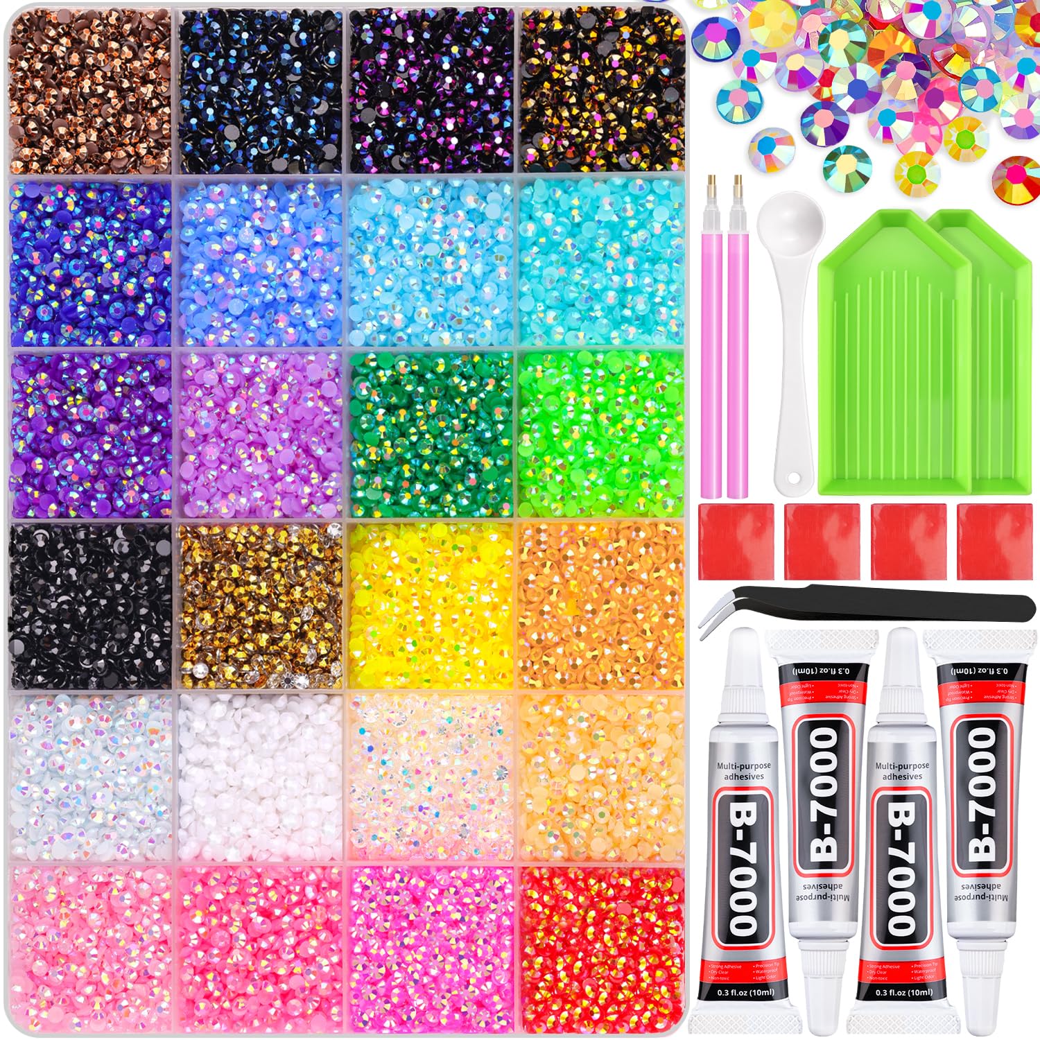 34000Pcs Resin Jelly Rhinestones for Bedazzling, Multicolor 3mm Flatback Gems for Diamond Art, Bedazzler Kit with 3Pcs 10ml B7000 Jewelry Glue for Bedazzle Thing Crafting Book Nail Art