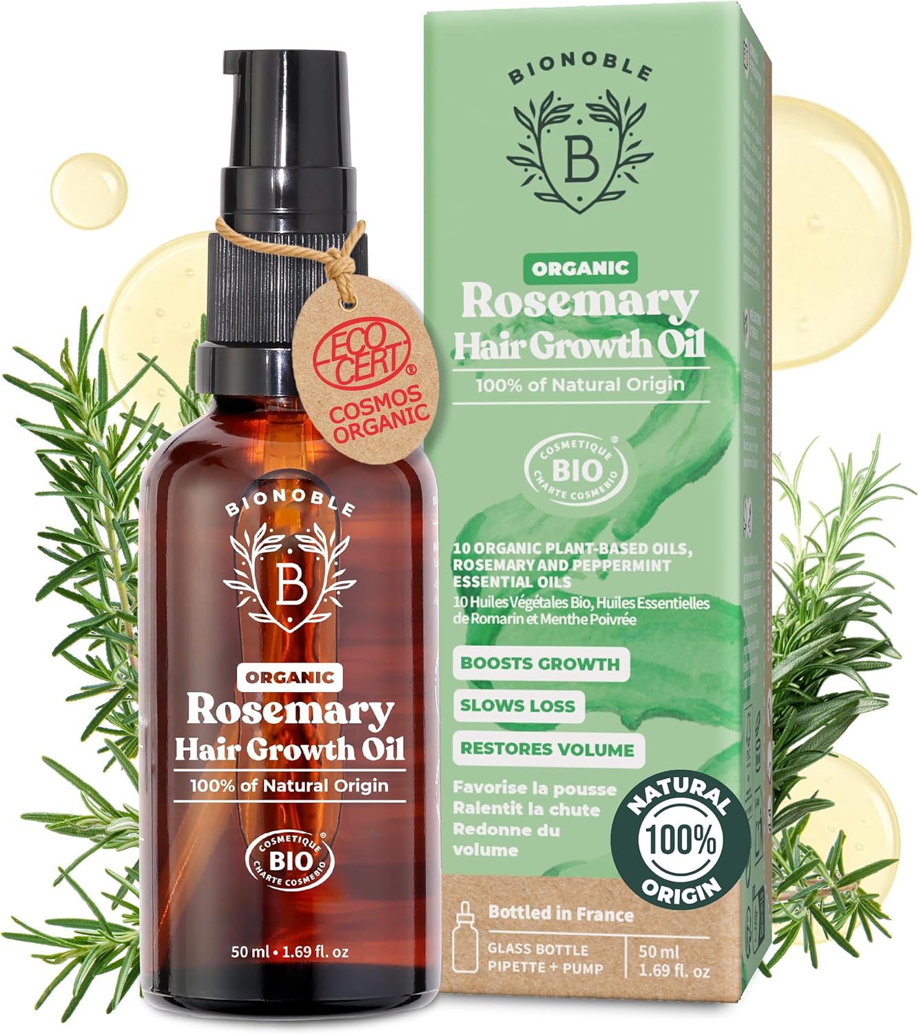 BIONOBLE Organic Rosemary Oil for Hair Growth - Slows Loss, Restores Volume, Nourishes the Scalp - Rosemary Hair Oil, Castor, Argan - 100% Natural and Vegan - Glass Bottle, Pipette, Pump - 50ml