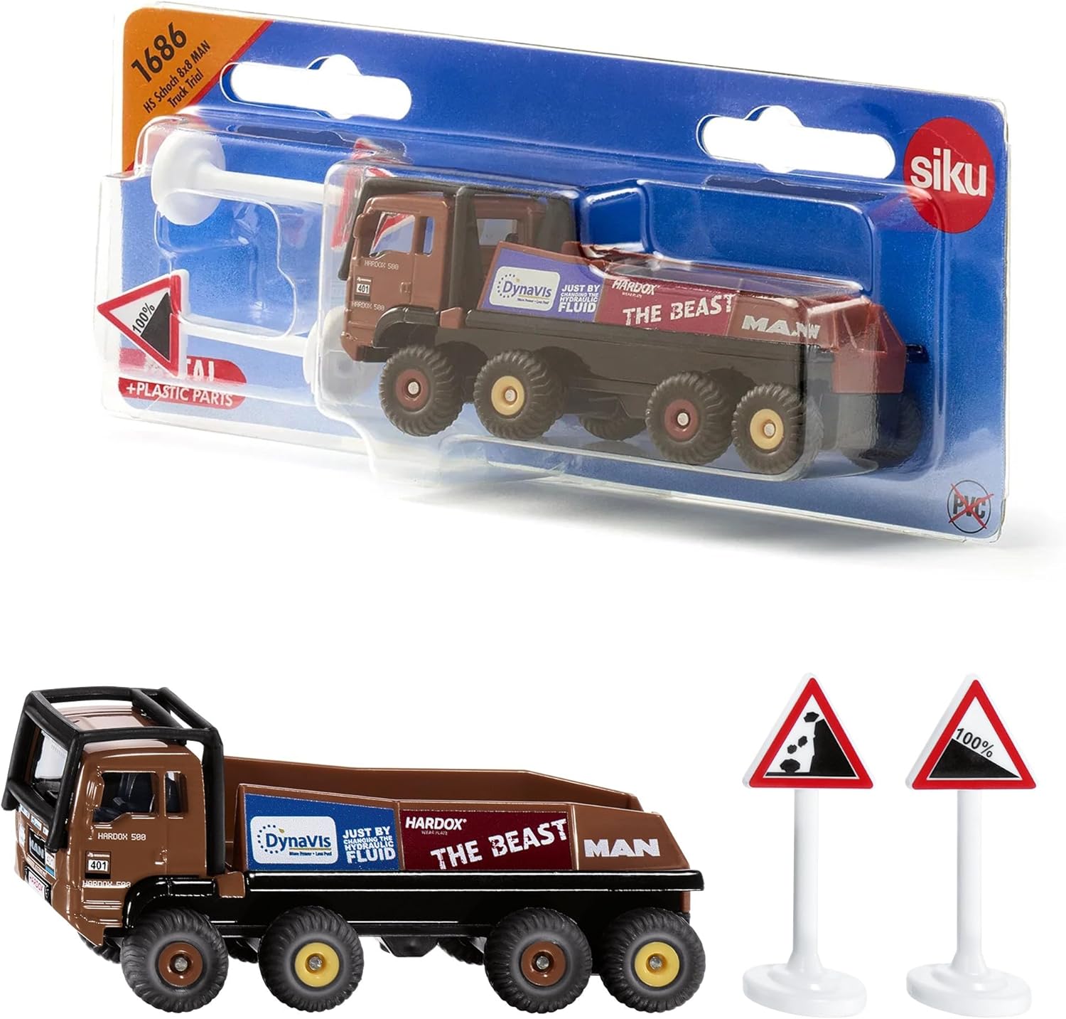 siku 1686, HS Schoch 8x8 MAN Truck-Trial, Metal,Plastic, 1:87, Brown, Incl. 2 warning signs, Compatible with other siku models of the same scale
