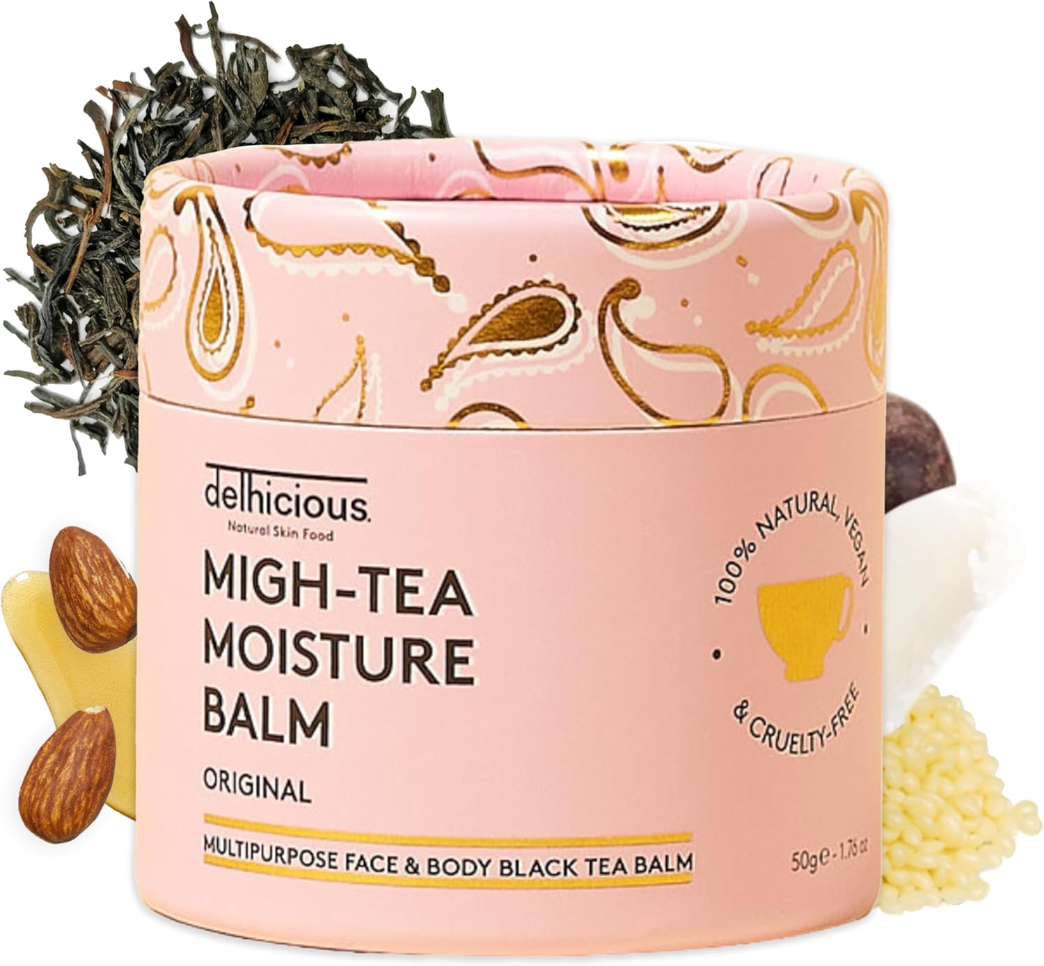Delhicious Migh-Tea Moisture Face & Body Balm for Very Dry Skin - Eczema Relief, Psoriasis Treatment - Nourishing Shea Butter Moisturiser - Natural, Vegan, Ayurveda Body Butter with Almond Oil - 50g