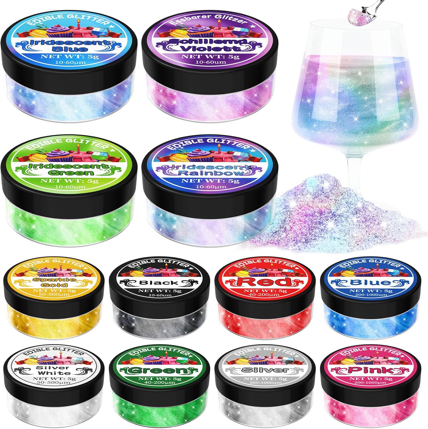 Edible Glitter - 12 Shimmer Colours Luster Dust Edible - 5g/each, Metallic Edible Glitter for Drinks, Food Colouring for Cake Decorations, Chocolate, Drinks, Cakes, Beverage