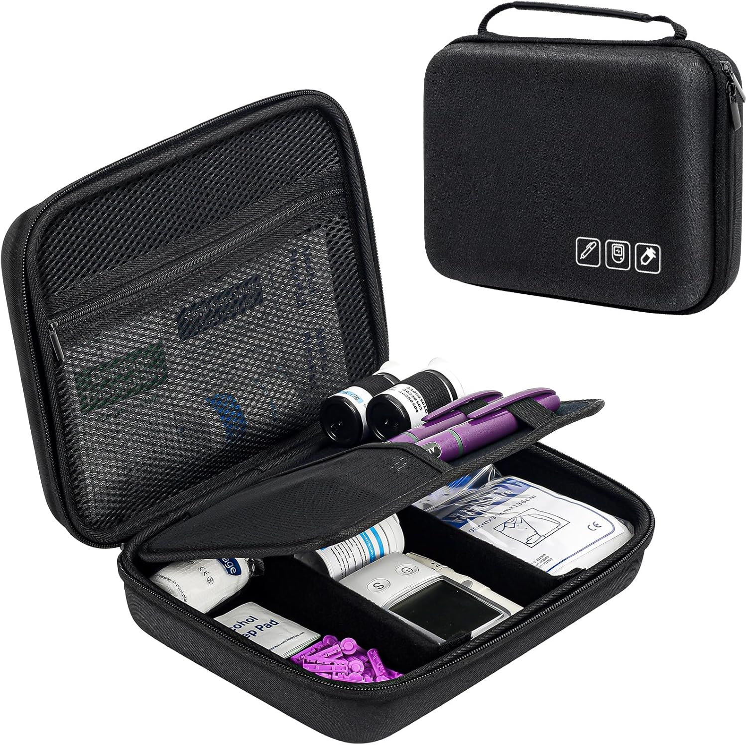 ProCase Diabetic Supplies Hard Travel Case, Diabetes Storage Bag for Glucose Meter, Insulin Pen, Blood Sugar Test Strips, Syringe, Needles and More Kits, Diabetic Care Kits Organizer Holder -Black