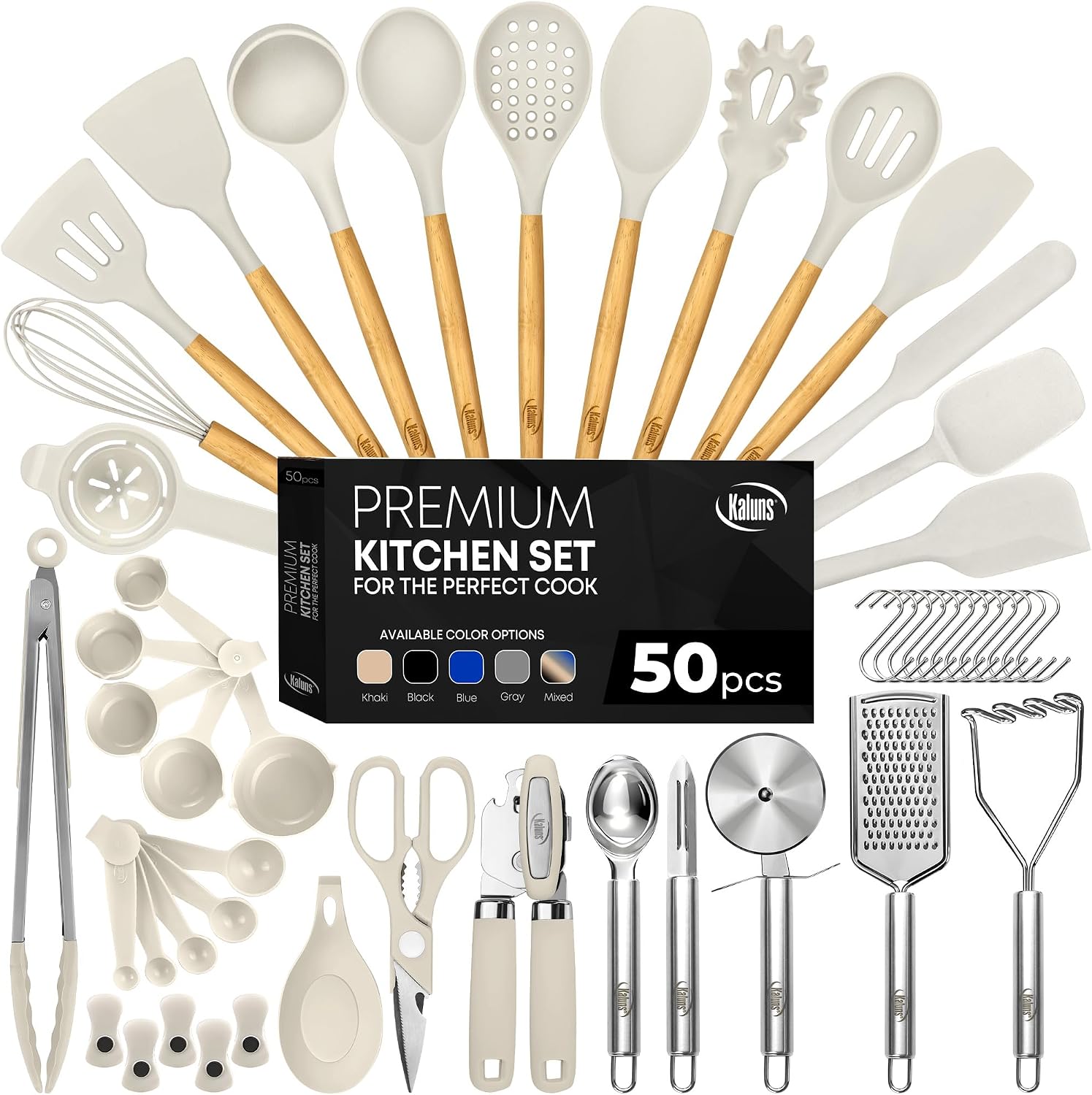 Kaluns 50 PCS Silicone Kitchen Utensils Set Complete Kitchen Set - 800°F Heat Resistant Non-Stick Premium Silicone Cooking Utensils W Wooden Handles - Can Opener, Masher, Turner, Silicone Spatula Set