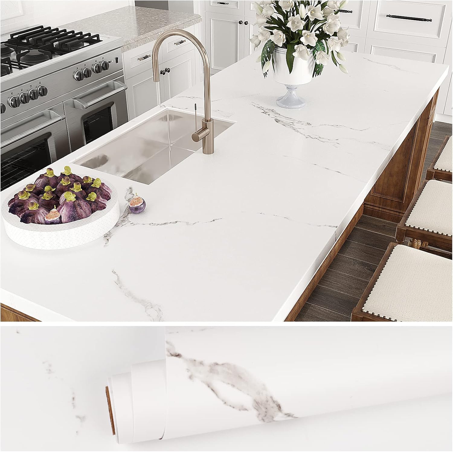 VEELIKE 15.7''x118'' White Marble Contact Paper for Countertops Waterproof Self Adhesive Matte Marble Wallpaper Peel and Stick Countertops for Kitchen Counter Top Covers for Bathroom Table Cabinets
