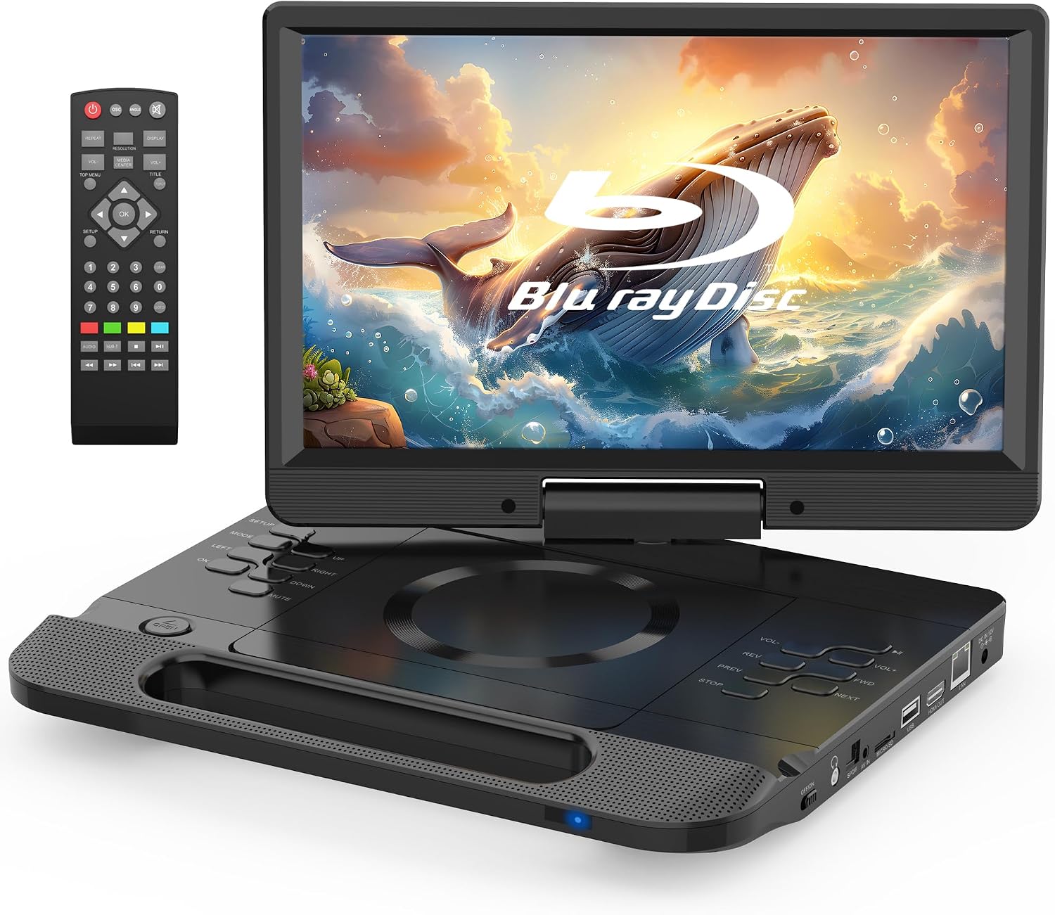 FANGOR 13.3” Portable Blu-ray Player, 12” Full HD Rotating Screen, Built-in Rechargeable Battery with Remote, HDMI Output & AV Input, USB/Micro SD Playback, Last Memory