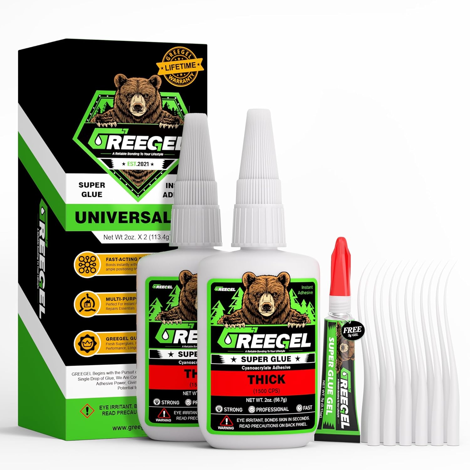 Super Glue Thick for Metal, Wood, Rubber, Glass, Super Control Cyanoacrylate Adhesive (CA) Instant Glue 4 Oz - Clear Superglue with Extra Gel for Carpentry & Crafts Repair (2 Pack)
